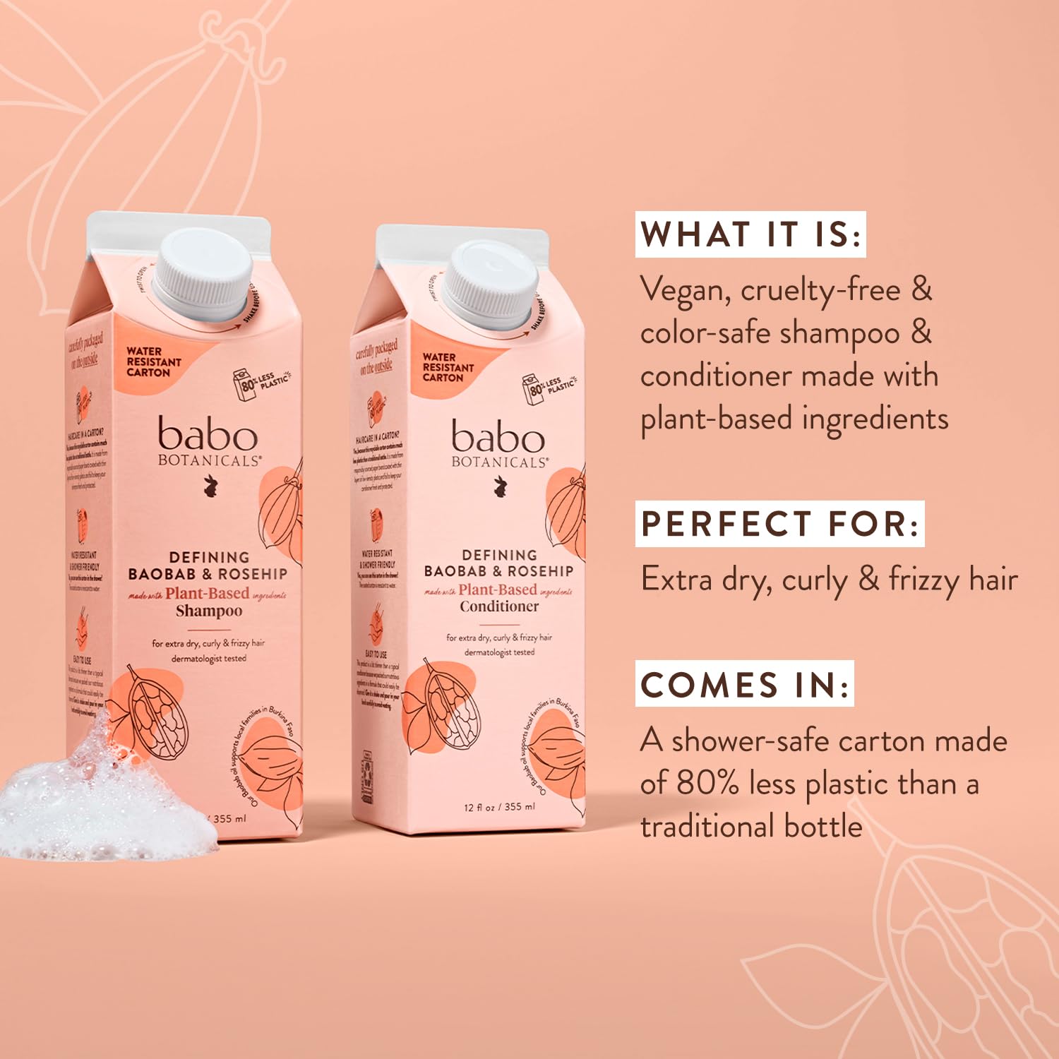 Babo Botanicals Defining Baobab & Rosehip Shampoo and Conditioner Set for Dry, Curly Hair – Sulfate-Free, Smooth & Define with Passion Fruit Ferment – Hydrating Hair Care for Frizz Control & Scalp Health – Perfect for Daily Use and Natural Curl Enhancement