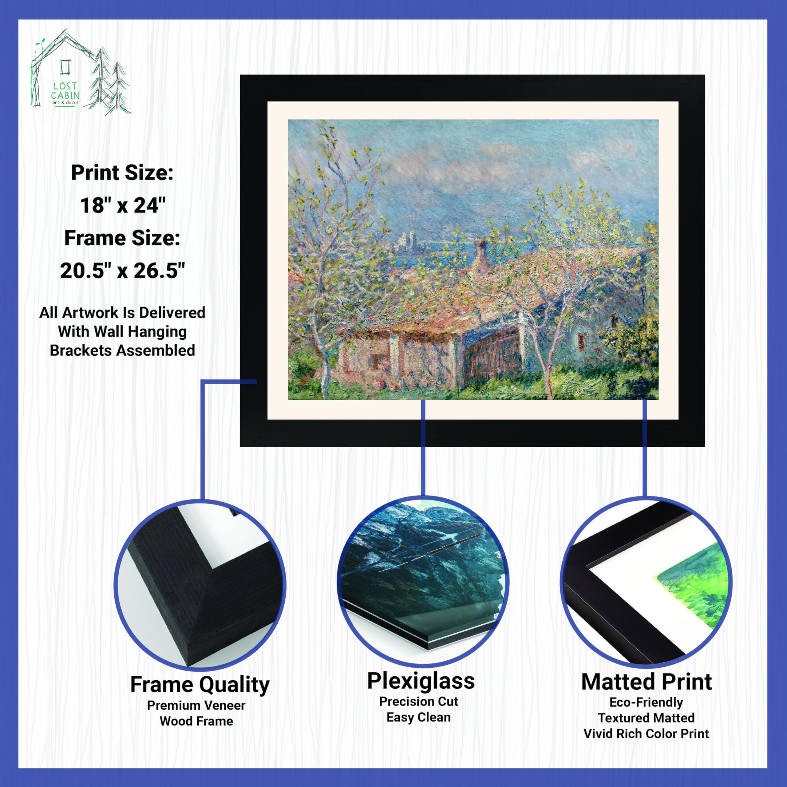 Claude Monet Lost Cabin Gardeners House at Antibes Matted Print - Black Flat Frame Fine Art Reproduction - 14x20 Image, 20.5x26.5 Frame - Wall Art Decor for Living Room, Office & Gift