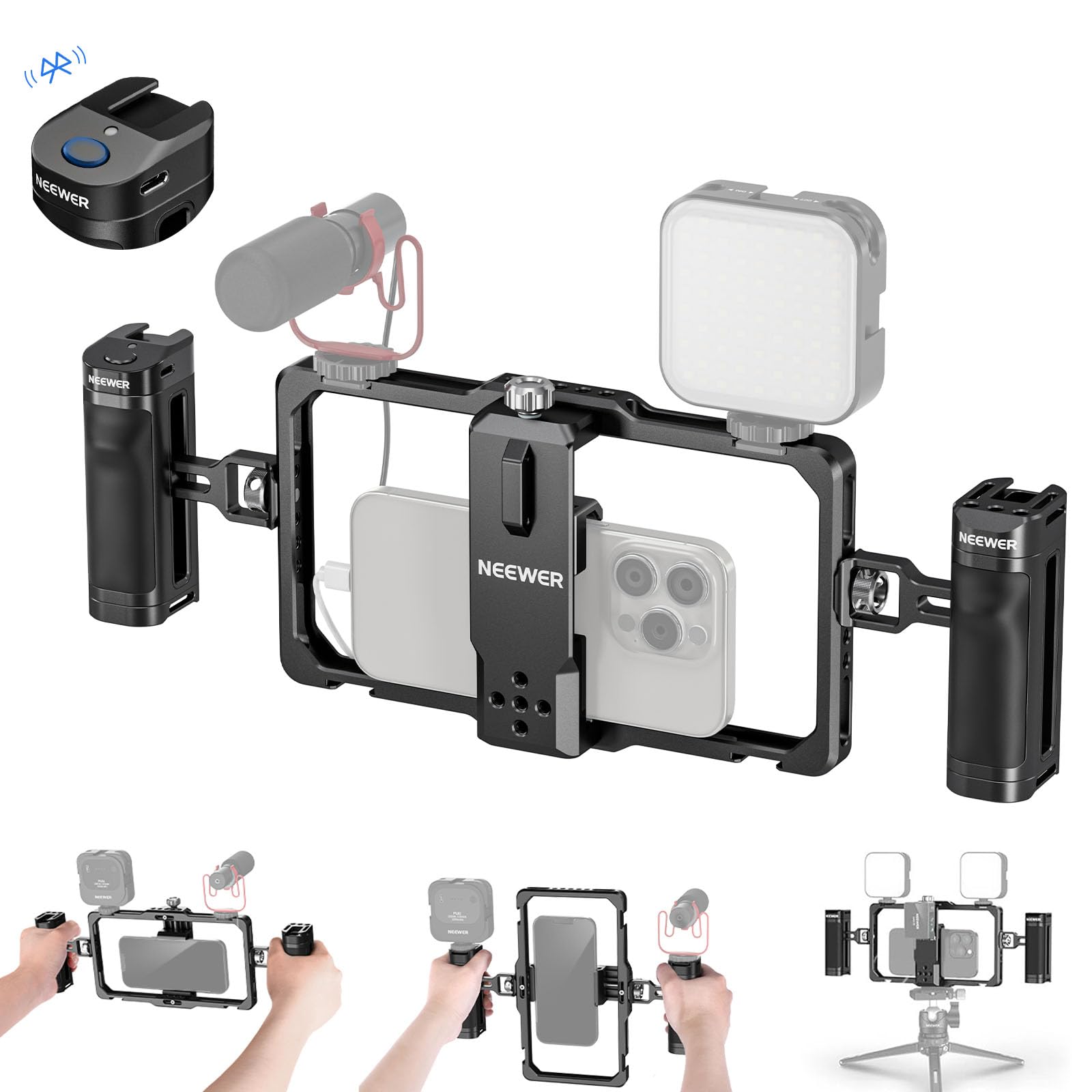 NEEWER Universal Smartphone Video Rig with Bluetooth Shutter & Comfort Grips - iPhone 16/15 Pro Max/Galaxy S24 Ultra Stabilizer for Vlogging, Live Streaming & Content Creation - PA009E