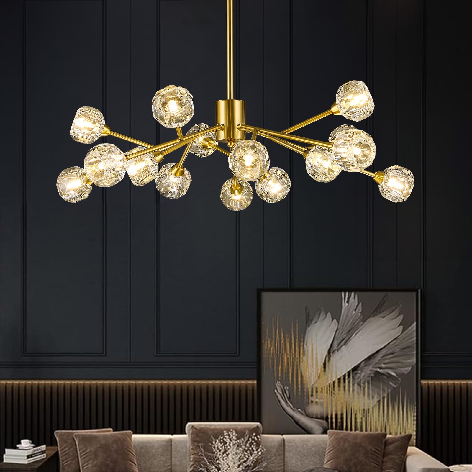 Modern Sputnik Chandelier - 15-Light Gold Brass Crystal Ceiling Fixture for Dining Room, Living Room, Kitchen Island & Bedroom | Mid-Century Lighting for Entryway & Home Decor | Perfect for Modern & Vintage Interior Design