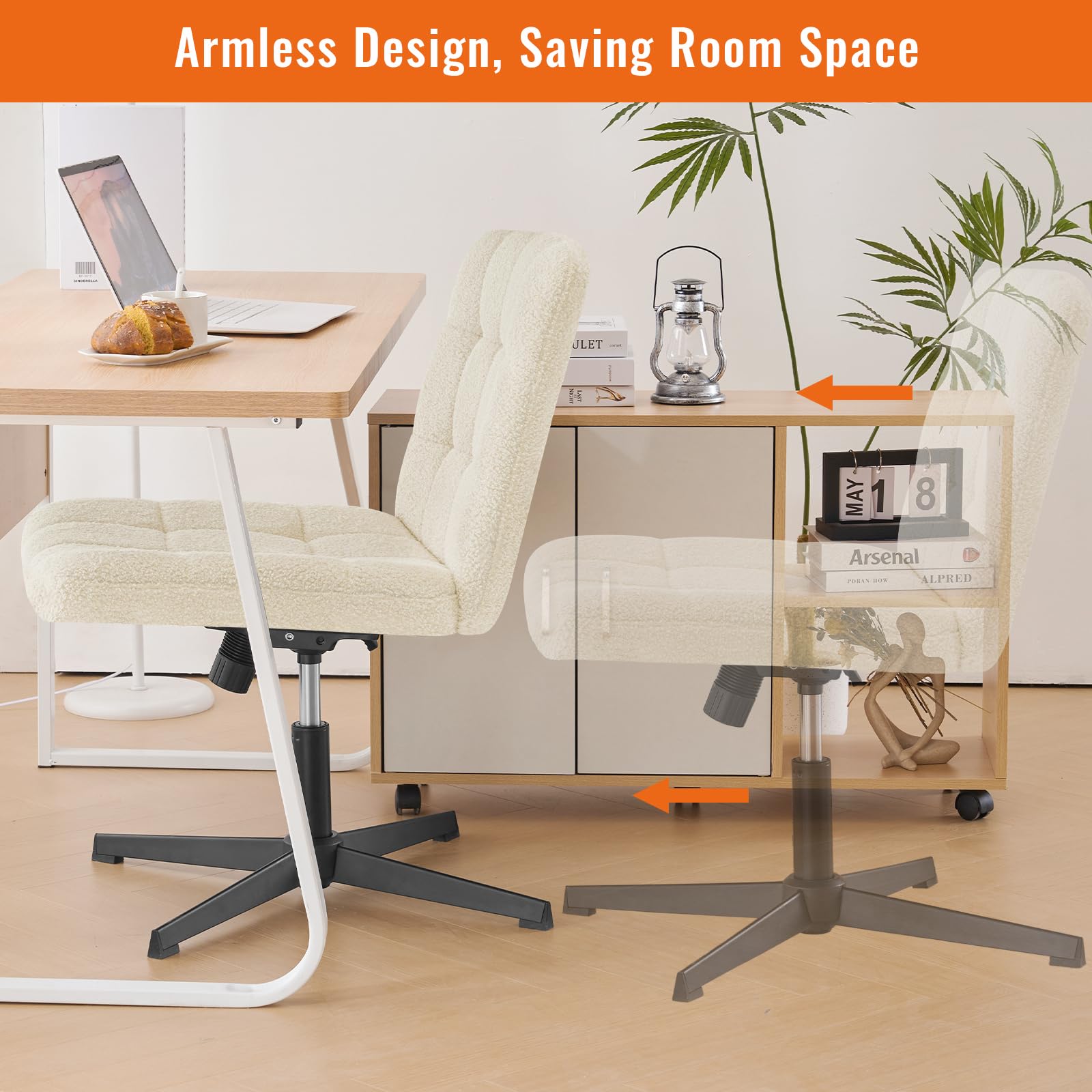 Furniliving Home Office Desk Chair - No Wheels, Criss Cross Leg Design, Wide Armless Chair with Adjustable Height & Mid Back Support - Swivel Vanity Chair in Sherpa Ivory White - Perfect for Small Spaces, Reading Nooks & Makeup Stations