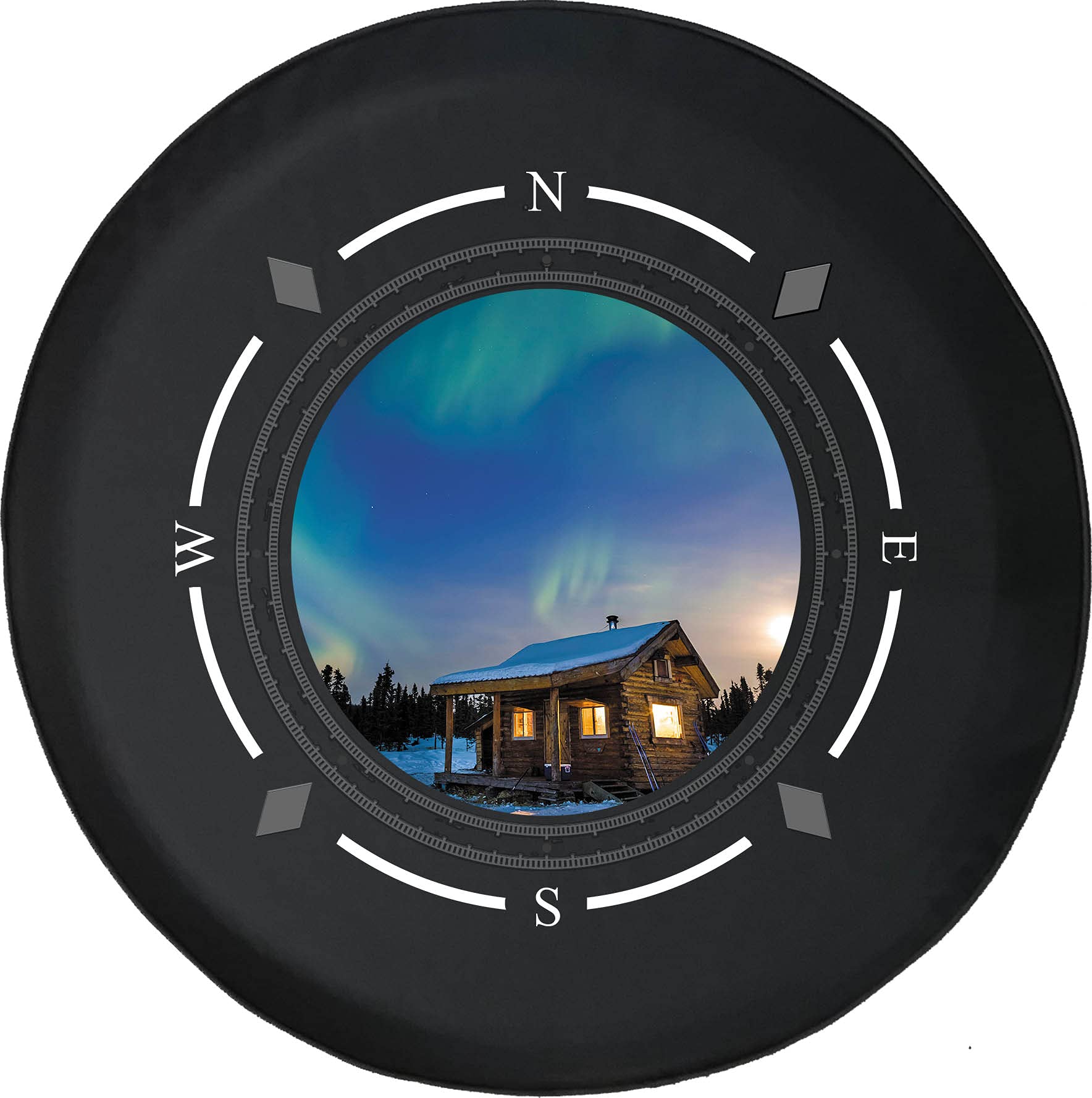 American Unlimited Spare Tire Cover with Compass & Mountain Cabin Design - Universal Fit for SUV, Trailer, RV & Most Vehicles | Durable Wheel Protection for Off-Road Adventures & Camping Trips