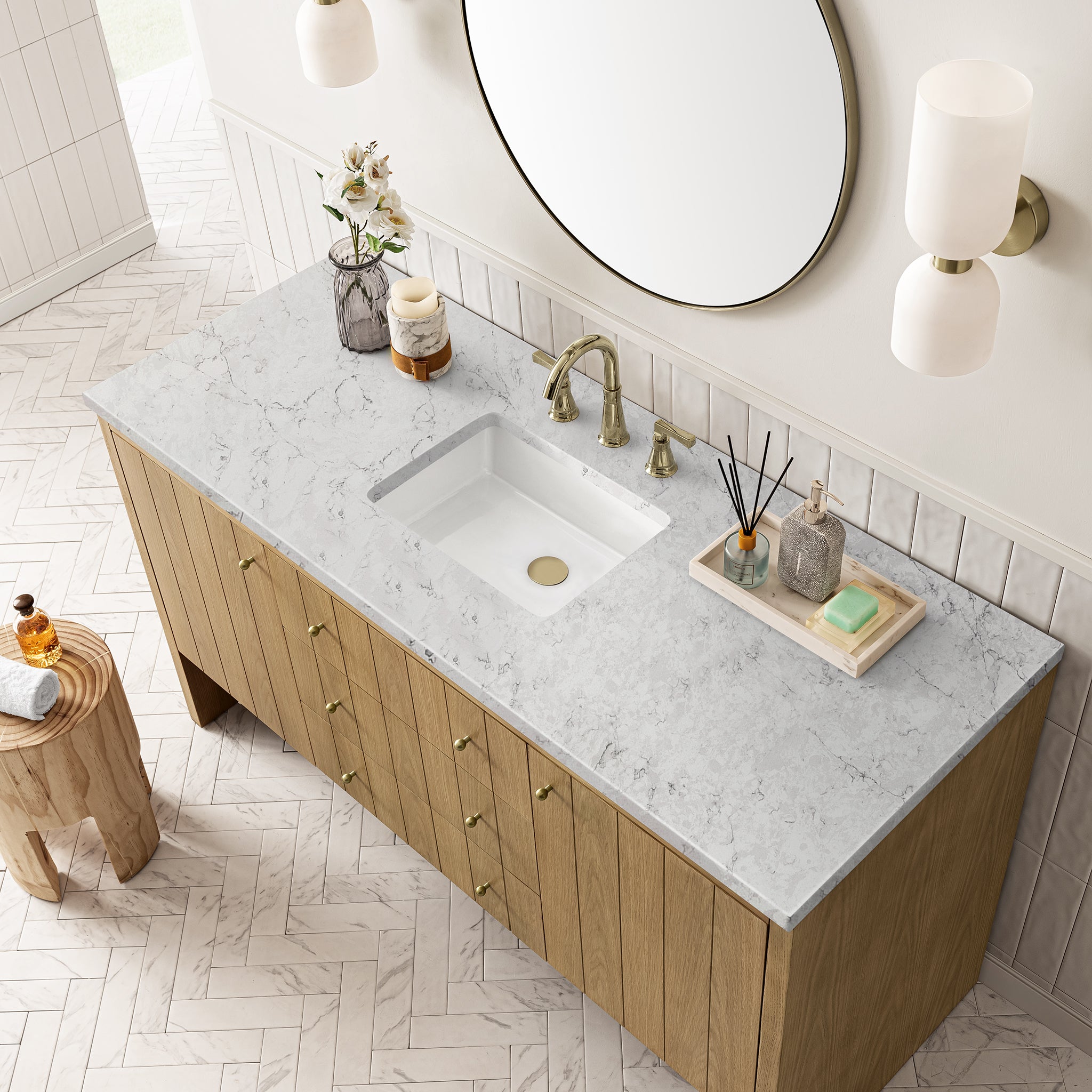 Hudson 60 Inch Single Bathroom Vanity with Light Natural Oak Finish & 3CM Eternal Jasmine Pearl Countertop - Perfect for Modern Master Bathrooms and Powder Rooms