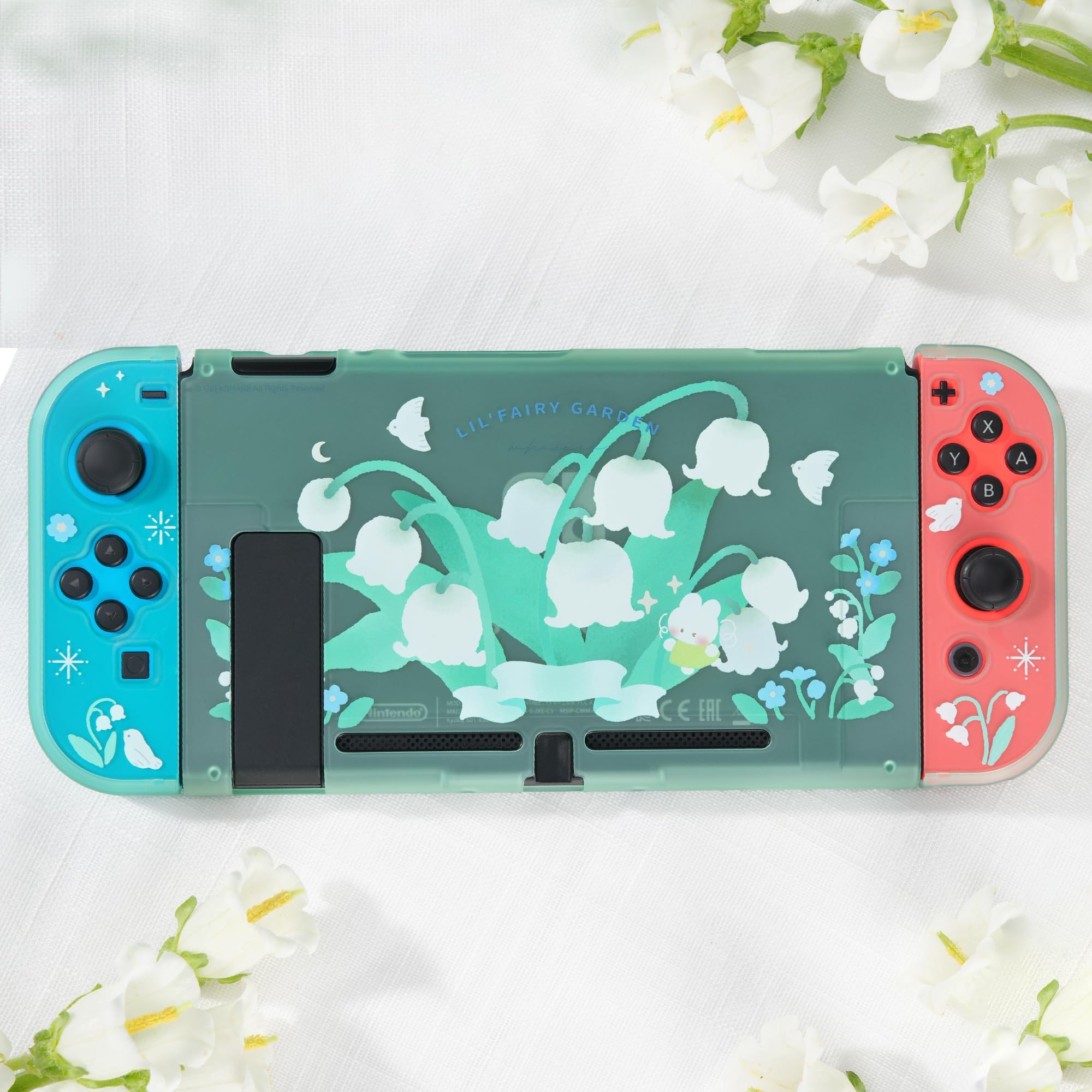 GeekShare Kawaii Nintendo Switch Protective Case - Hard PC Shell Compatible with Standard & Switch Slim - Lily of The Valley Design | Perfect for Gaming, Travel & Everyday Protection