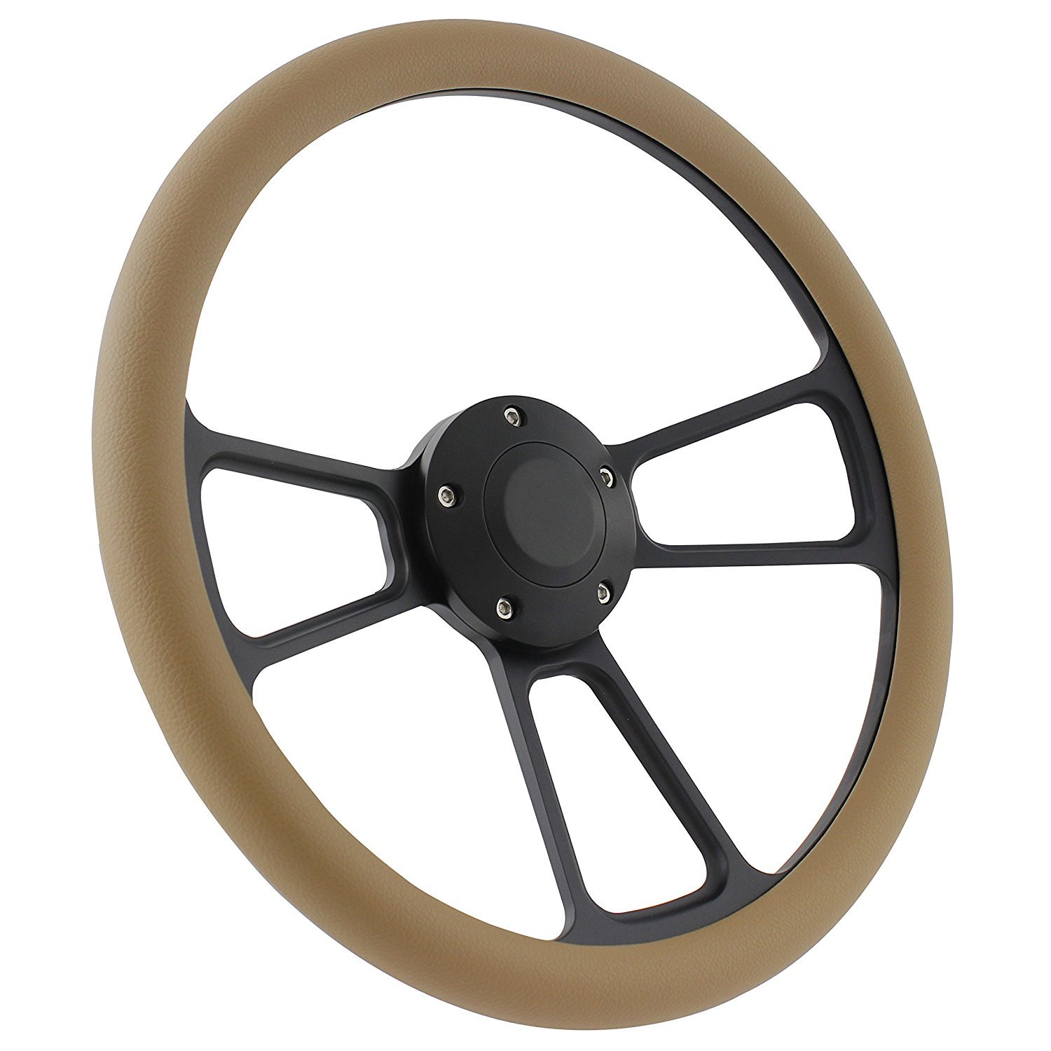 14 Inch Black 5-Bolt Aluminum Steering Wheel with Tan Vinyl Wrap & Horn - Perfect for Car Upgrades, Racing, and Off-Road Vehicles