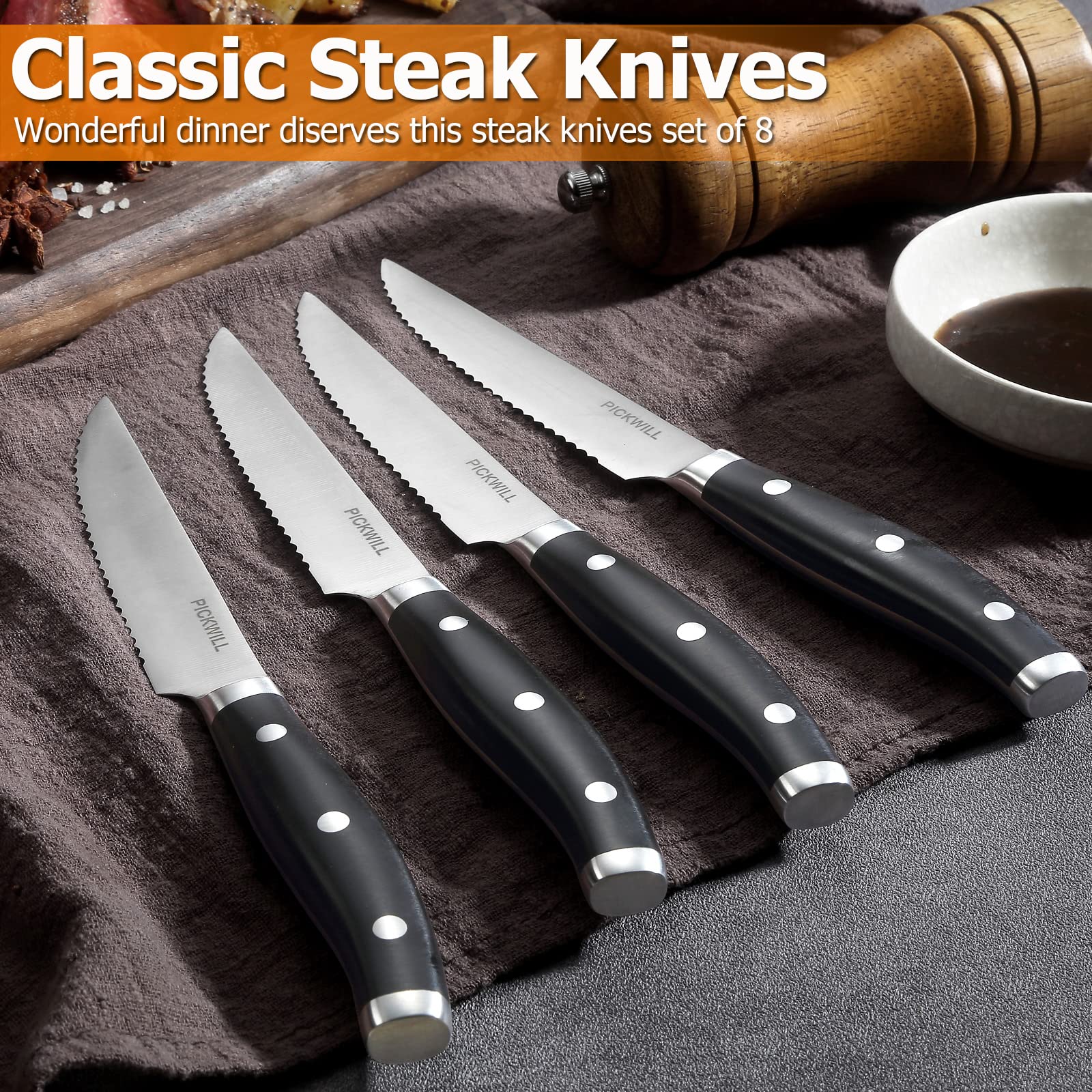 Premium 8-Piece Steak Knife Set - High Carbon Stainless Steel Serrated Blades with Full Tang Handle, 4.5 Inch Black Dinner Knives in Gift Box - Perfect for Steakhouse-Style Dining, BBQ Parties & Wedding Registry Gifts