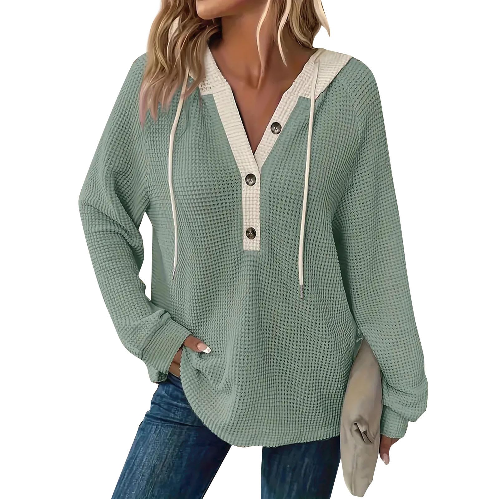 Women's Waffle Knit Hoodie - Long Sleeve Drawstring Button V-Neck Pullover Sweatshirt for Casual Fall Wear 2024 | Perfect for Cozy Evenings and Outdoor Adventures