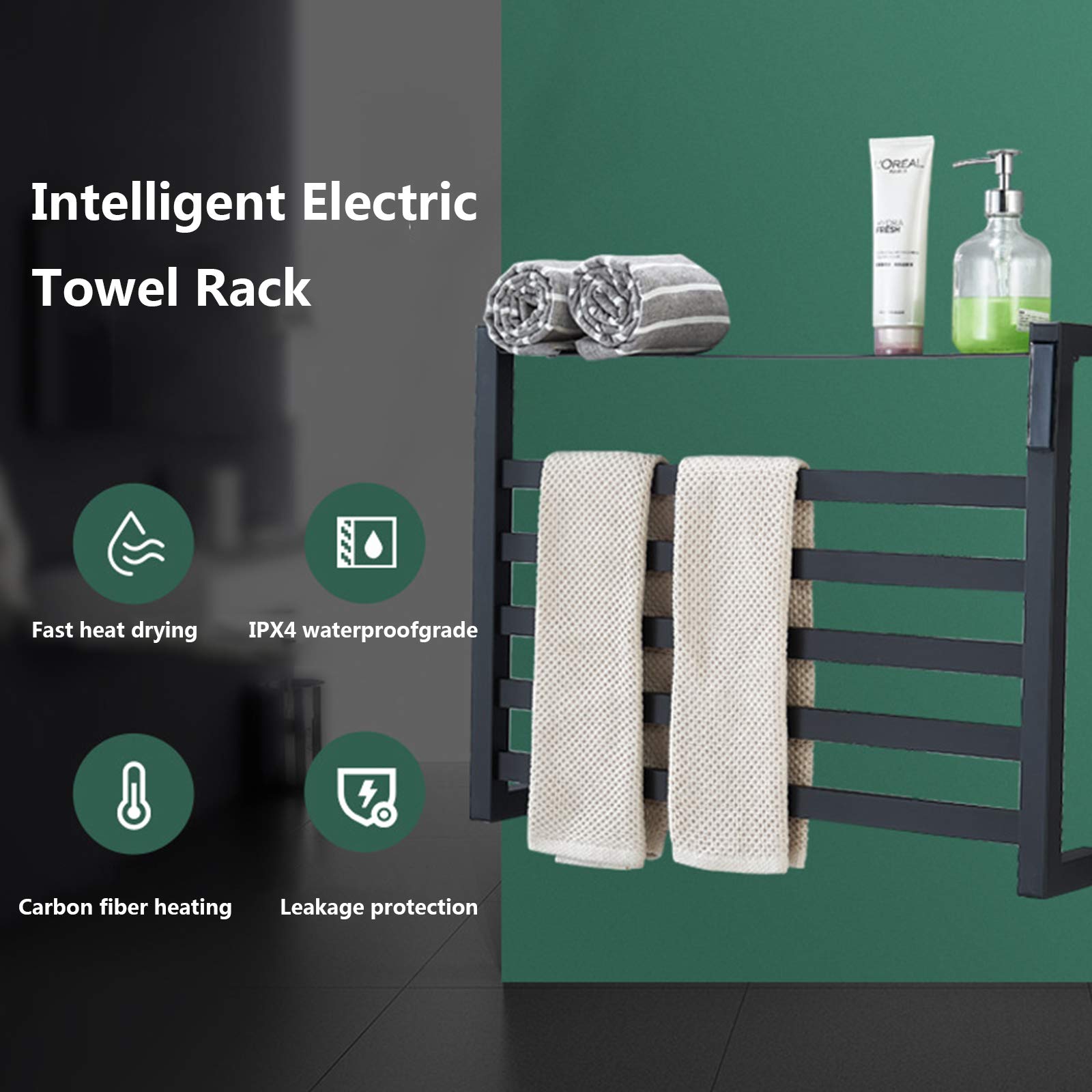 Energy Efficient 80W Carbon Fiber Electric Heated Towel Rack with Top Shelf - Matte Black 304 Stainless Steel Wall-Mounted Towel Warmer with Timer | Perfect for Bathrooms, Spas & Luxury Home Heating | Plug-in Design for Easy Installation