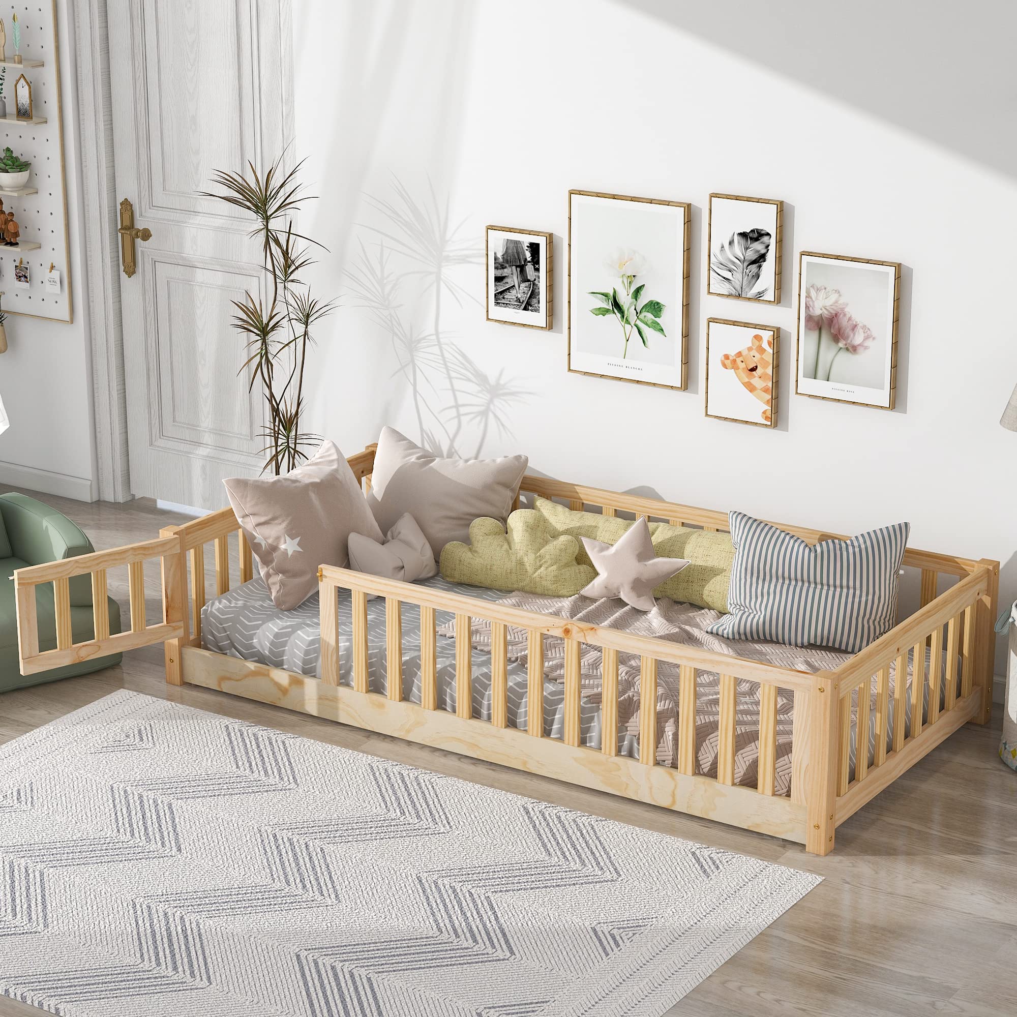 **Dolonm Twin Size Montessori Floor Bed for Toddlers & Kids - Wooden Platform Bed with Safety Fence Guardrails & Door - Natural Solid Wood Frame - Ideal for Montessori Bedrooms, Daycare, or Playrooms**