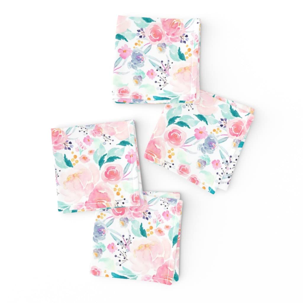 Spoonflower Linen Cotton Canvas Cocktail Napkins Set of 4 - Bloom Mermaid Floral Watercolor Botanical Print for Baby Nursery, Girls Room & Party Decor | Elegant Drink Coasters for Weddings, Bridal Showers & Home Entertaining