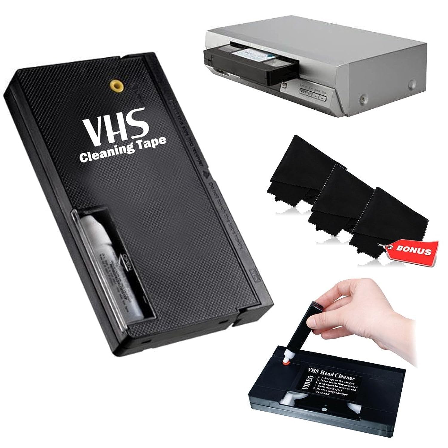 VHS Video Wet Head Cleaner Tape with 3 Microfiber Cleaning Cloths - Perfect for VCR Maintenance & Vintage Tape Player Care
