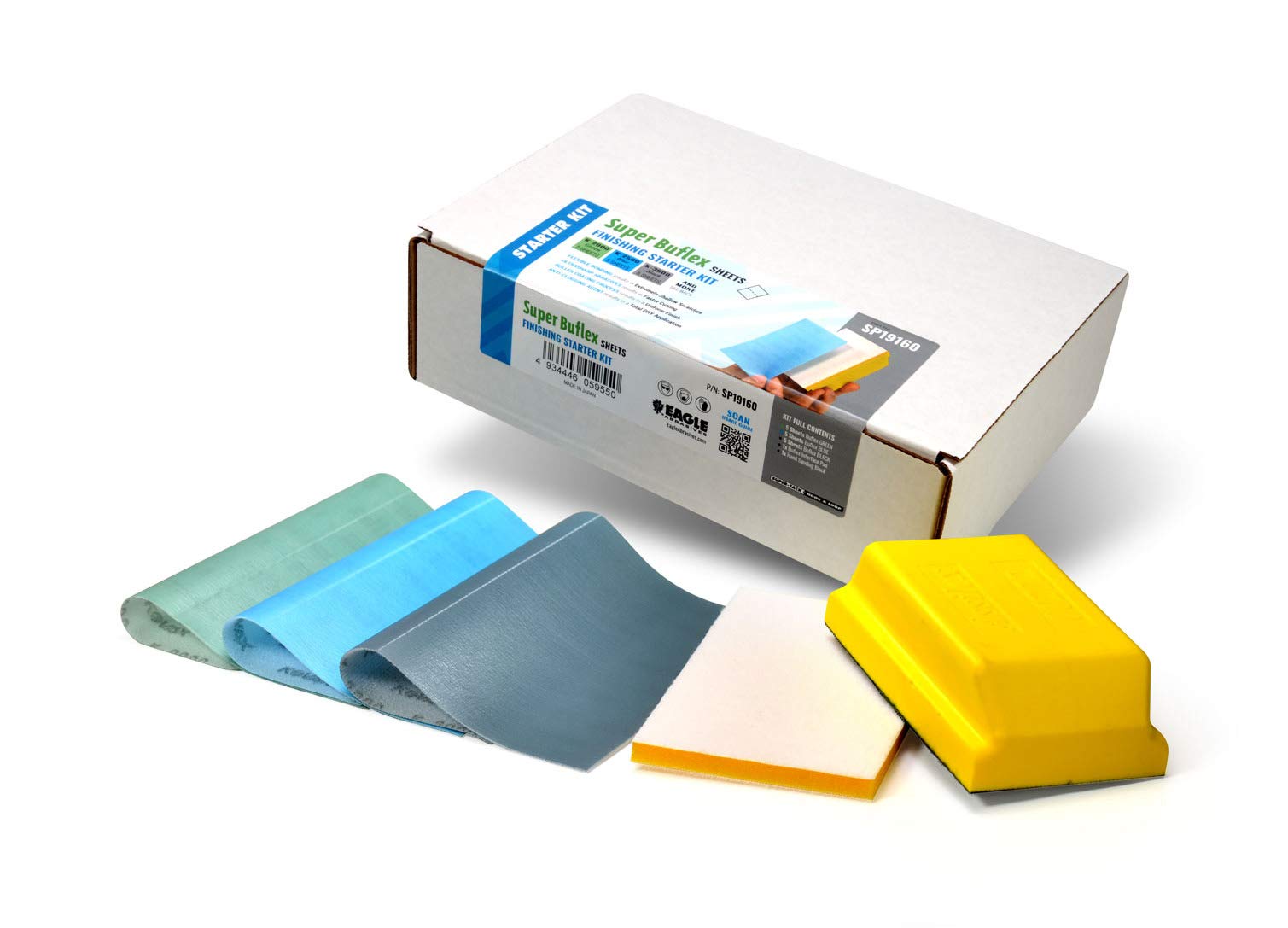 Super Buflex Flexible Polishing Sheets Starter Kit (15 Sheets) with Interface Pad & Hand Block - SP19160, K2000-K3000 Grit for Car Detailing, Woodworking & Metal Polishing