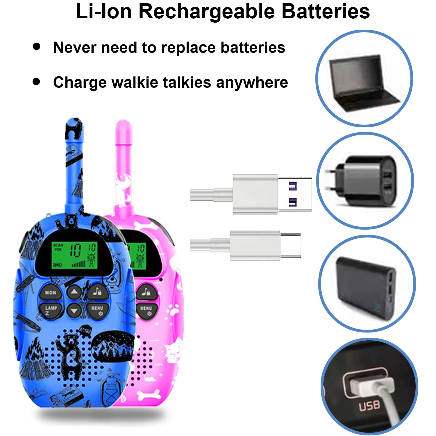 USA-Designed KidzAdventure Rechargeable Walkie Talkies for Kids (2 Pack) - 48 Hours Battery Life, 3 Miles Range, 22 Channels, 2-Way Radio with Voice Activation - Perfect for Hiking, Camping, Outdoor Adventures & Kids Play Ages 5-10 | Ideal Birthday Gift & Family Communication Tool