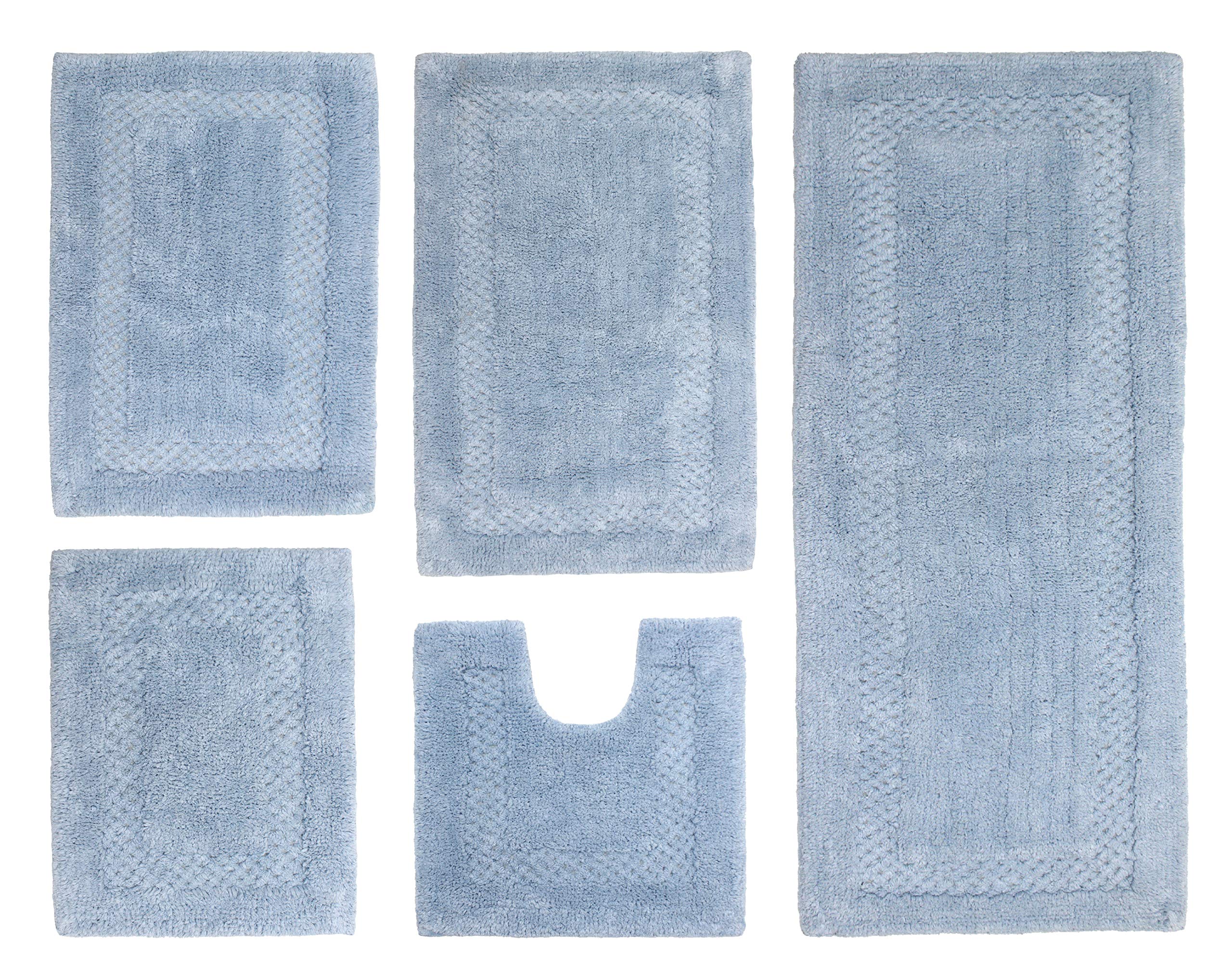 Premium 100% Cotton Bathroom Rugs Set - 5 Piece Non-Slip Bath Mat with Contour | Ultra Soft, Absorbent & Washable Bathroom Floor Mats | Perfect for Bathroom, Kitchen & Shower Use (Blue)