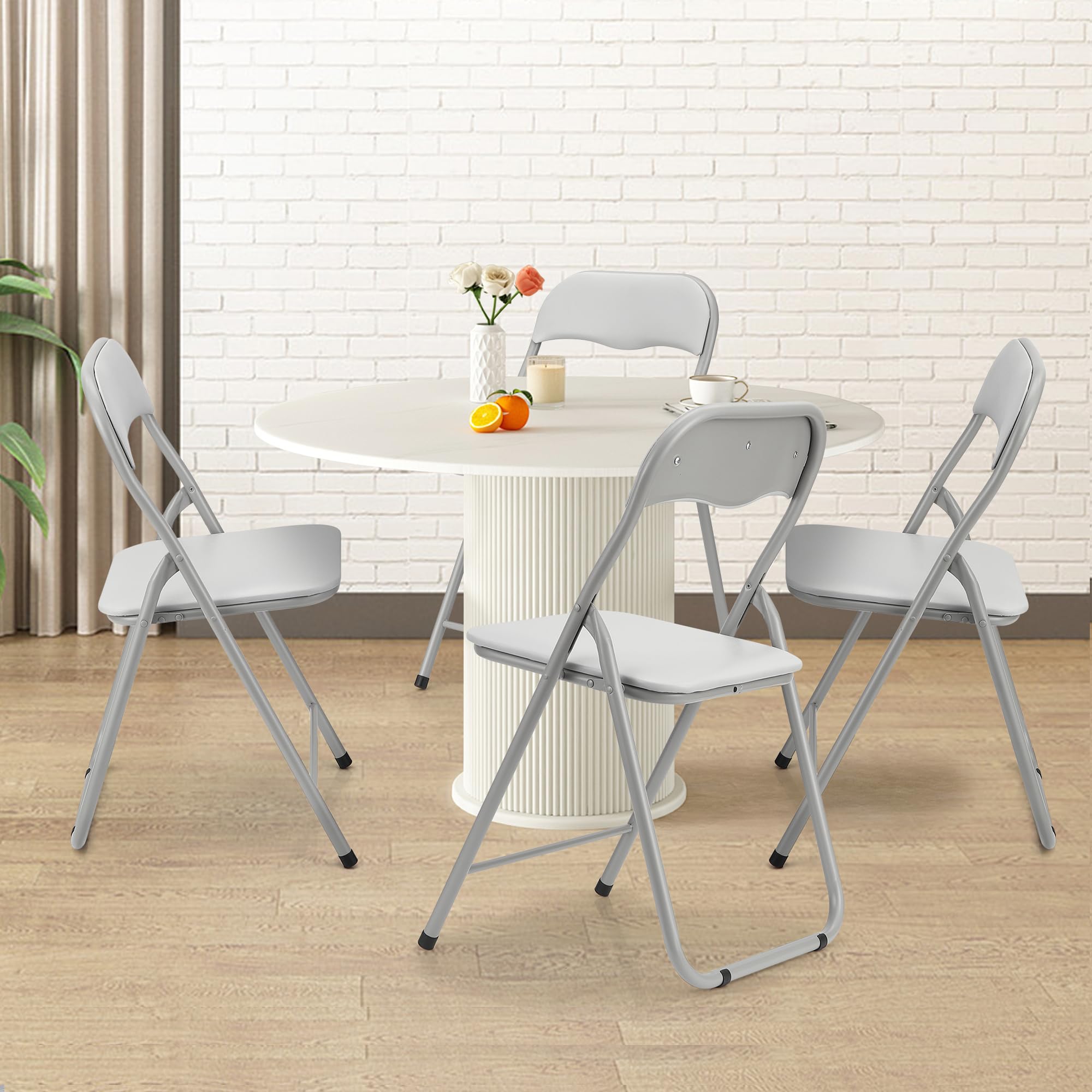 4 Pack Folding Chairs with Cushion - Portable Metal Stackable Chairs for Indoor & Outdoor Events, Non-Slip Feet Pads, Grey - Perfect for Parties, Picnics, Weddings & Home Use