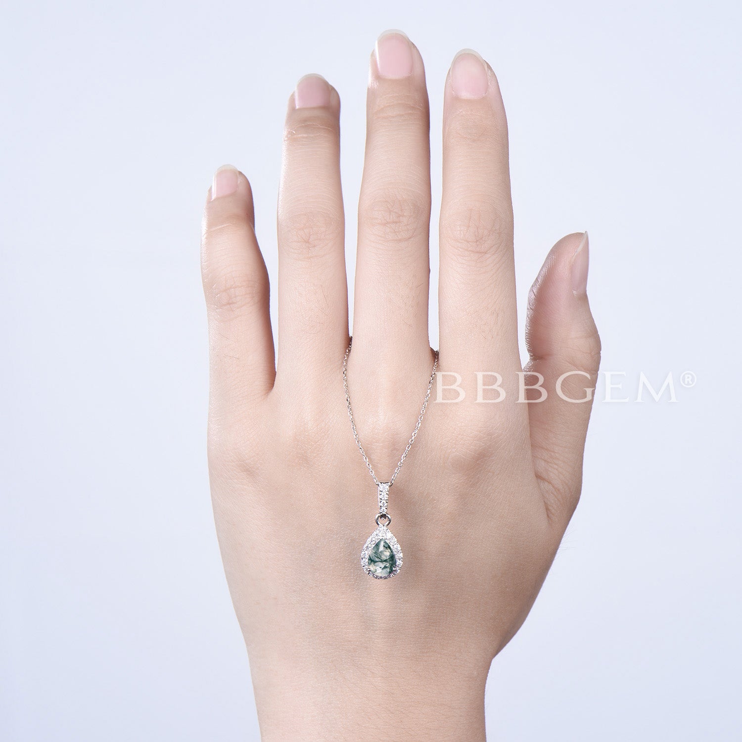 Elegant Teardrop Green Moss Agate Pendant Necklace with Diamond Halo - Perfect for Weddings, Anniversaries & Special Occasions
