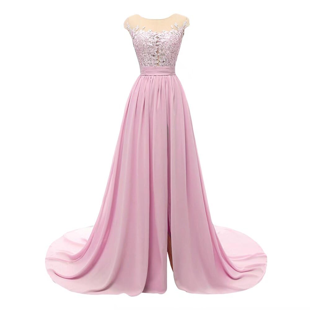 Elegant Women's Lace Sheer Chiffon Bridesmaid Dress - Long High Slit Formal Evening Gown for Wedding, Prom & Special Occasions