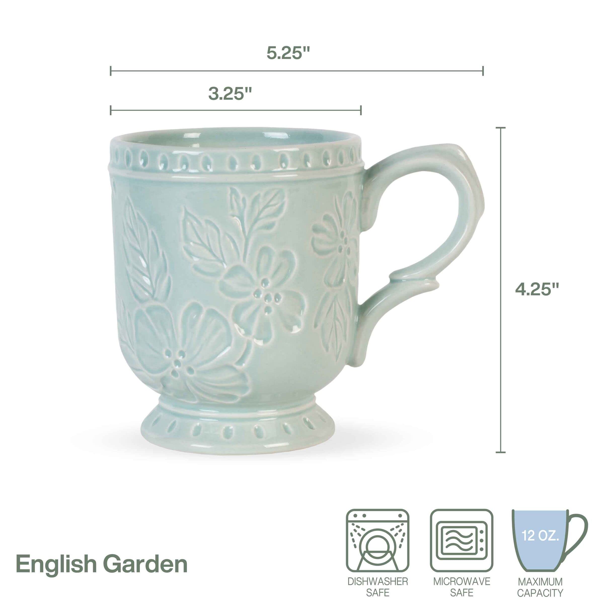 Fitz and Floyd English Garden 12 oz Blue Ceramic Coffee Mugs - Set of 4 Floral Tea Cups for Afternoon Tea, Gift Giving & Home Decor