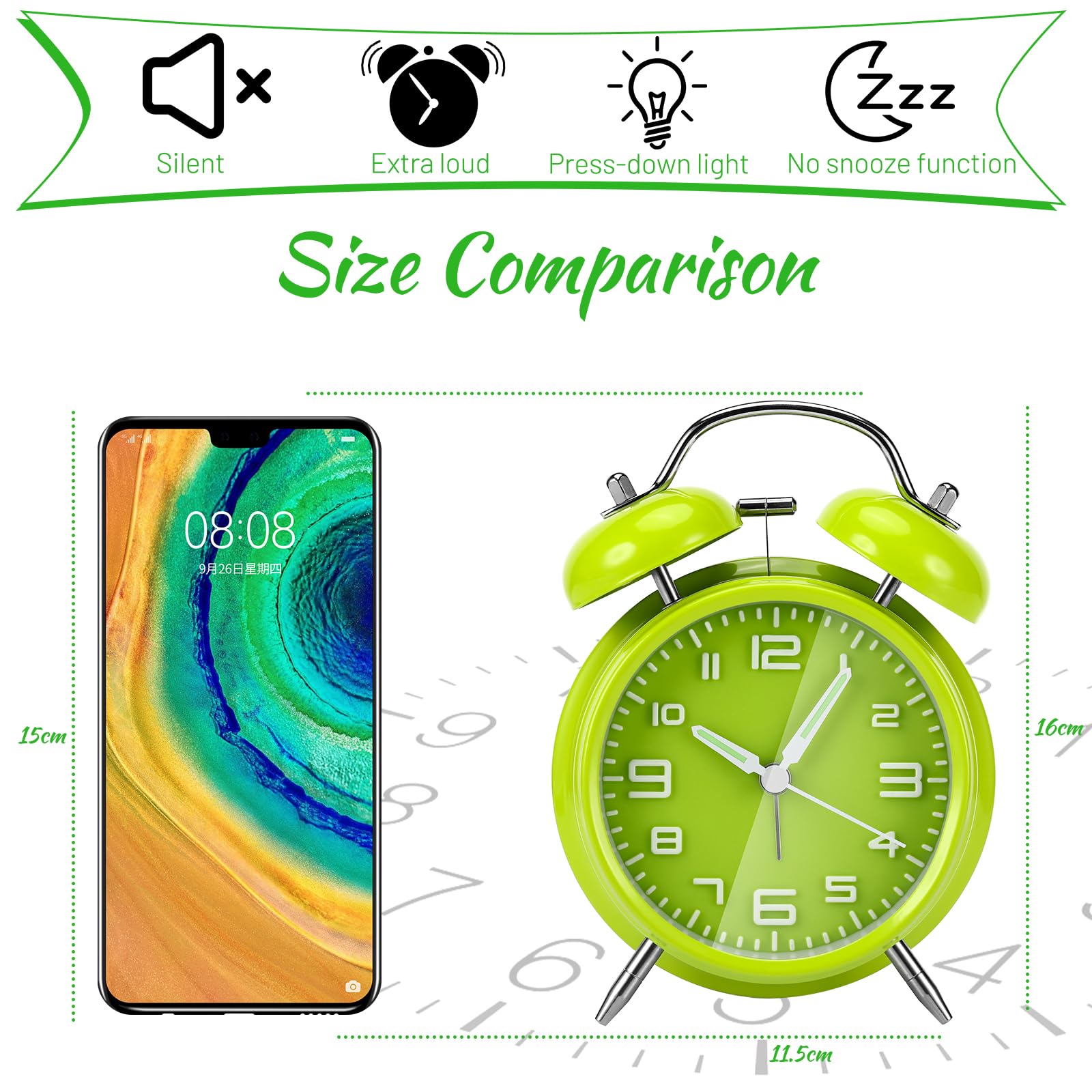 Gowkeey Silent Alarm Clock with Night Light & Luminous Hands - Non-Ticking Quartz Analog Bedside Clock, Double Bell Design (Green) | Perfect for Light Sleepers, Bedrooms, and Home Decor