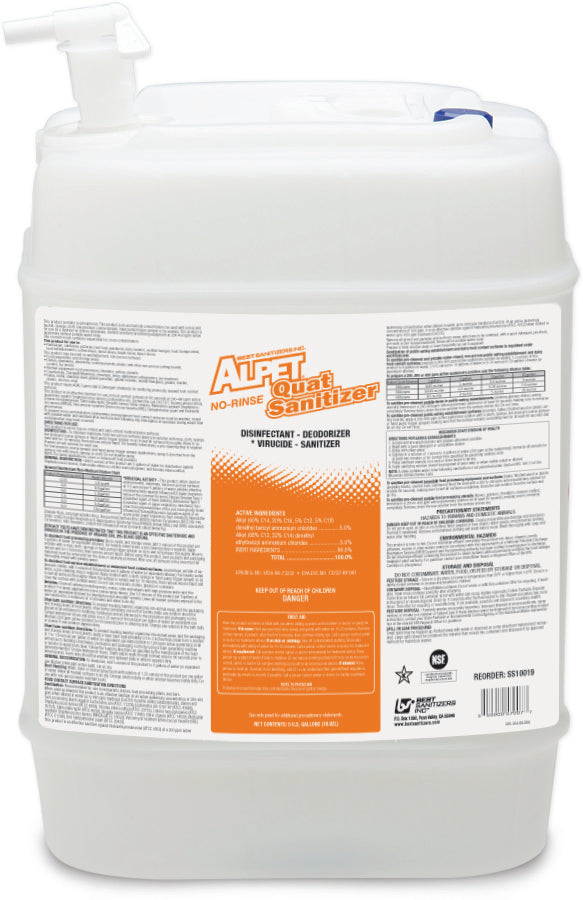 Alpet No Rinse Quat Sanitizer - 5 Gallon Disinfectant for Food Service & Healthcare | EPA Approved Surface Sanitizer for Restaurants, Hospitals & Commercial Use