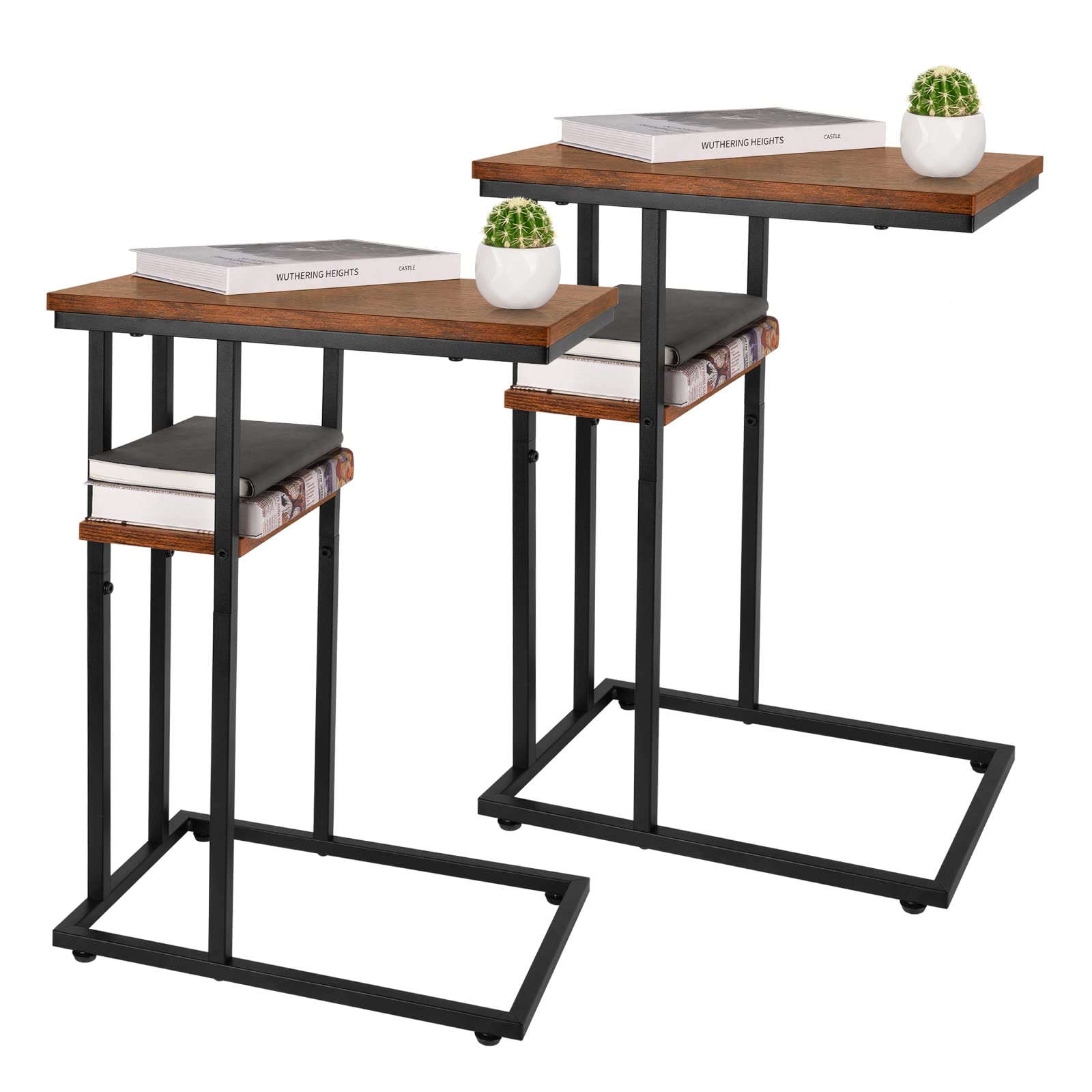 Yoobure 2-Piece C-Shaped End Table Set - Rustic Metal Frame Side Tables for Living Room, Bedroom & Small Spaces - Slide Under Couch as Snack Table or Large Desktop - Perfect for TV Snacking, Reading & Space-Saving Furniture Arrangement
