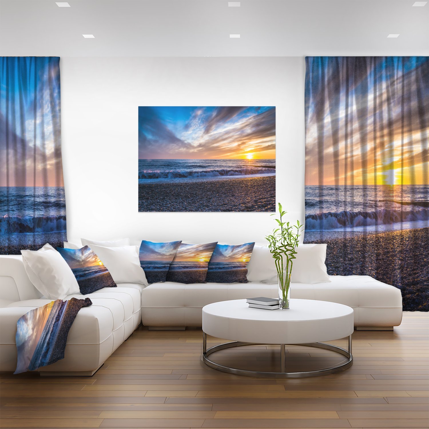Cloudy Sky with Bright Yellow Sun Beach Photo Canvas Print - Blue Ocean Wall Art for Living Room, Bedroom & Office Decor