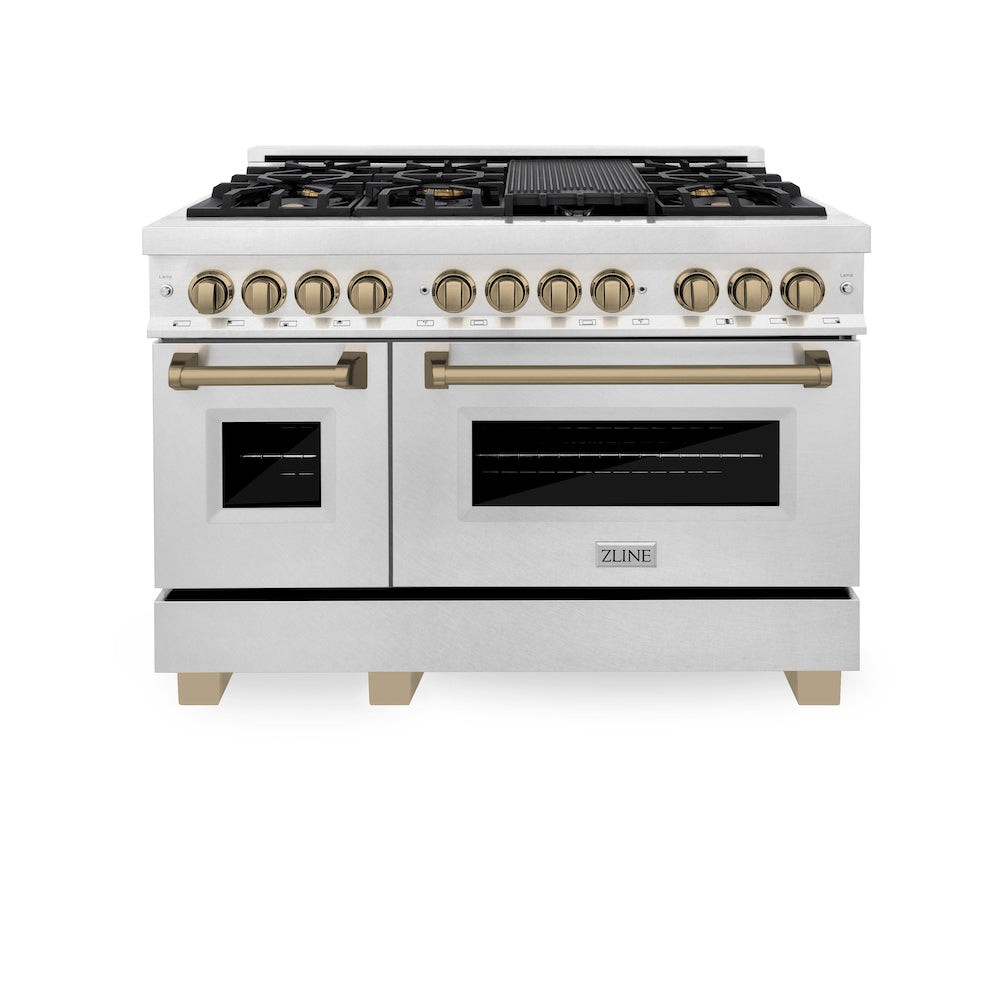 ZLINE Autograph Edition 48-inch 6.0 cu. ft. Dual Fuel Range with 7-Burner Gas Cooktop & 2 Electric Ovens - Satin Stainless Steel with Champagne Bronze Accents (RASZ SN 48 CB) | Professional Kitchen Appliance for Home Chefs & Cooking Enthusiasts
