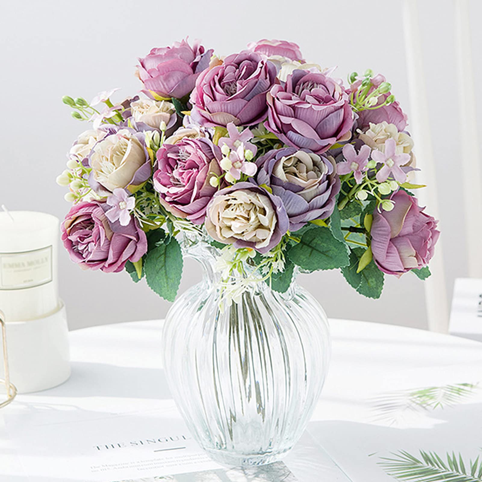 Premium Artificial Peony Bouquet - Silk Fake Flowers for Home & Office Decor, Wedding Centerpieces, Vase Arrangements - Pink & Purple Faux Floral Decor for Living Room, Meeting Room, Tabletop Landscaping