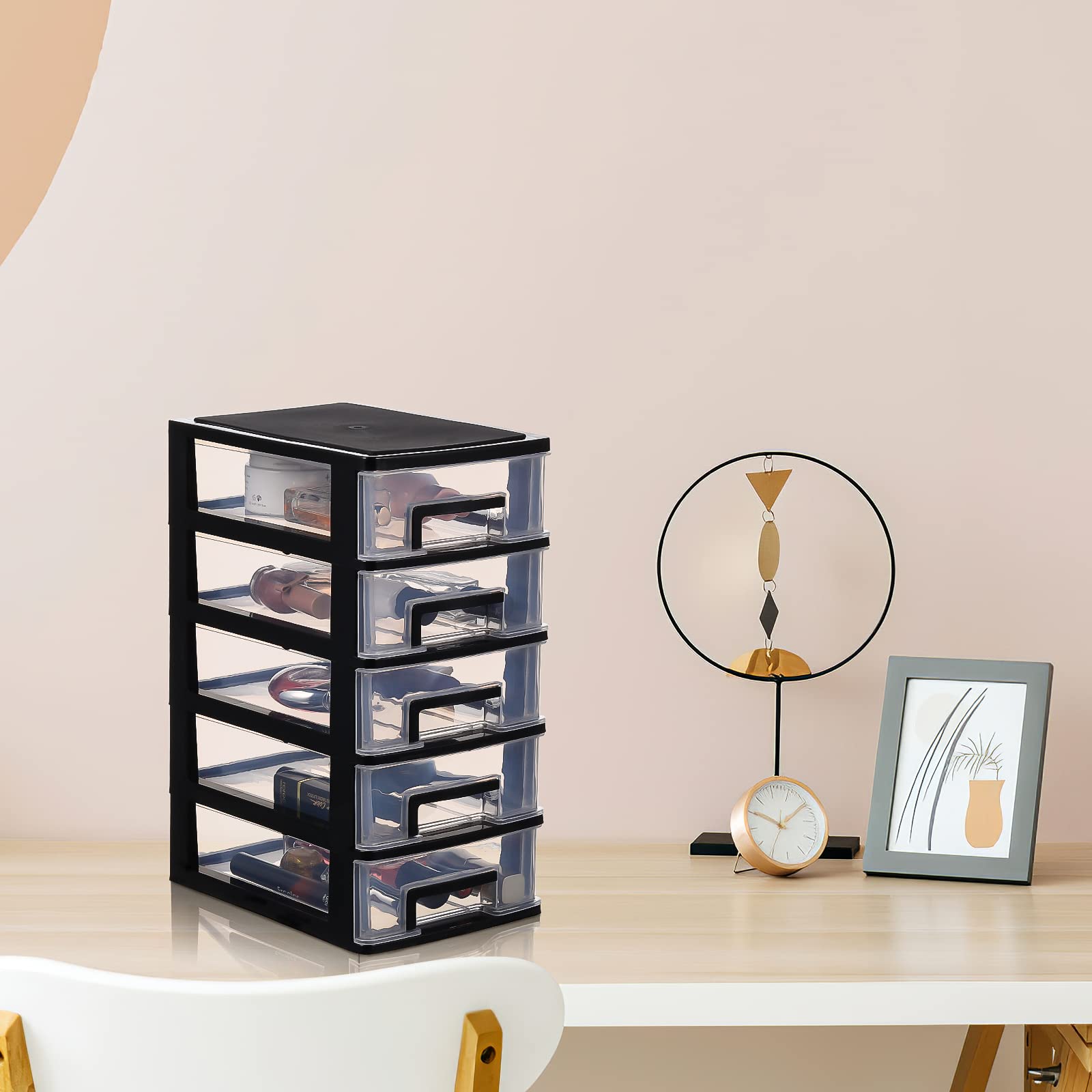 5-Layer Clear Plastic Drawer Organizer - Black Desktop Storage Cabinet with Stackable Drawers for Office, Craft Room & Home Organization