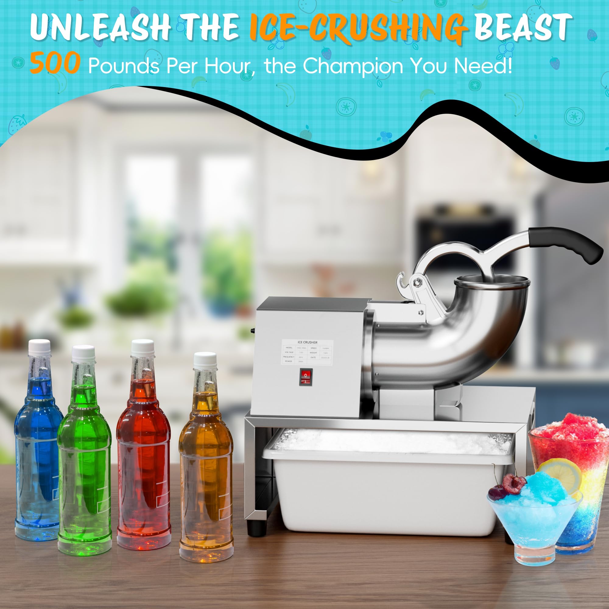 Commercial Snow Cone Machine 500LB/H - 300W Heavy Duty Ice Shaver for Fluffy Shaved Ice, Perfect for Home Parties, Carnivals & Summer Treats - Industrial Grade Snow Cone Maker for Restaurants & Events