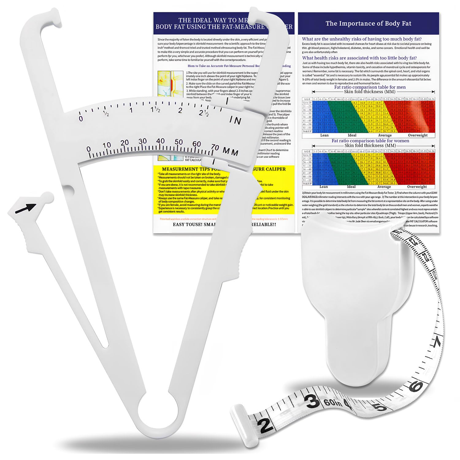 Premium Body Fat Caliper & Measuring Tape Kit with Body Fat Percentage Chart - Accurate Skinfold Measurement Tool for Fitness, Weight Loss & Bodybuilding (White) - Perfect for Home Gym, Personal Trainers & Health Enthusiasts