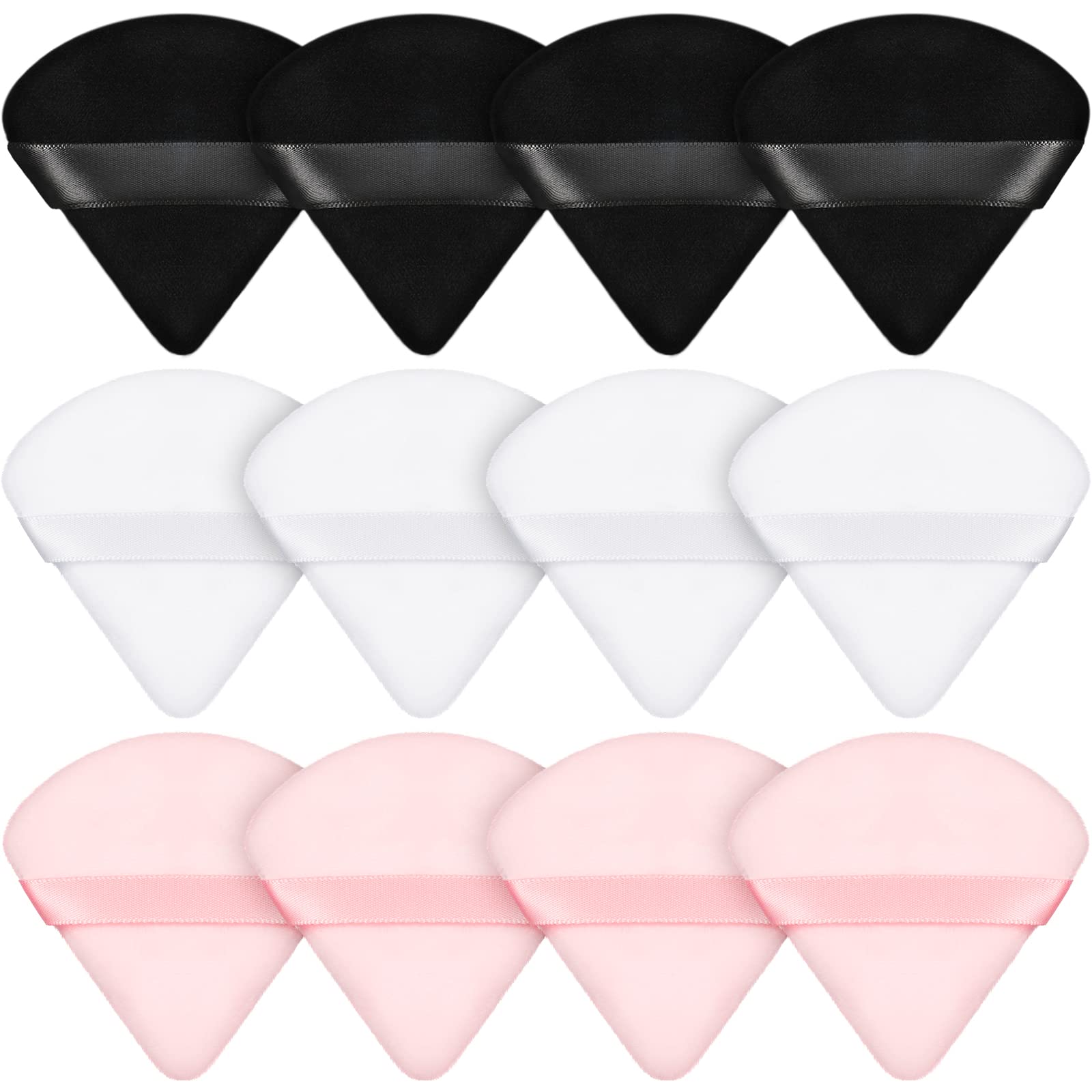 12-Piece Soft Triangle Powder Puff Set for Loose & Mineral Makeup - Black, White, Pink - Foundation Sponge for Wet/Dry Application - Perfect for Contouring, Baking & Setting Makeup