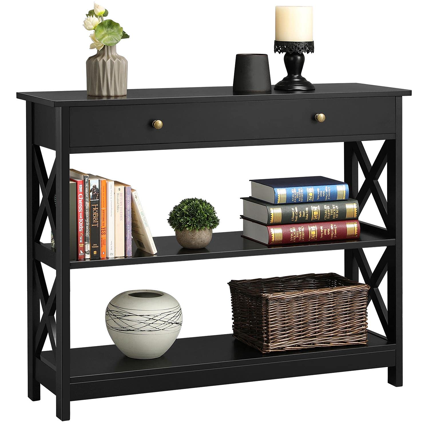 Yaheetech 3-Tier Narrow Wood Console Table with Drawer & 2 Storage Shelves - Entryway, Hallway, Living Room, Foyer Accent Table - Perfect for Small Spaces & Home Organization (Black)