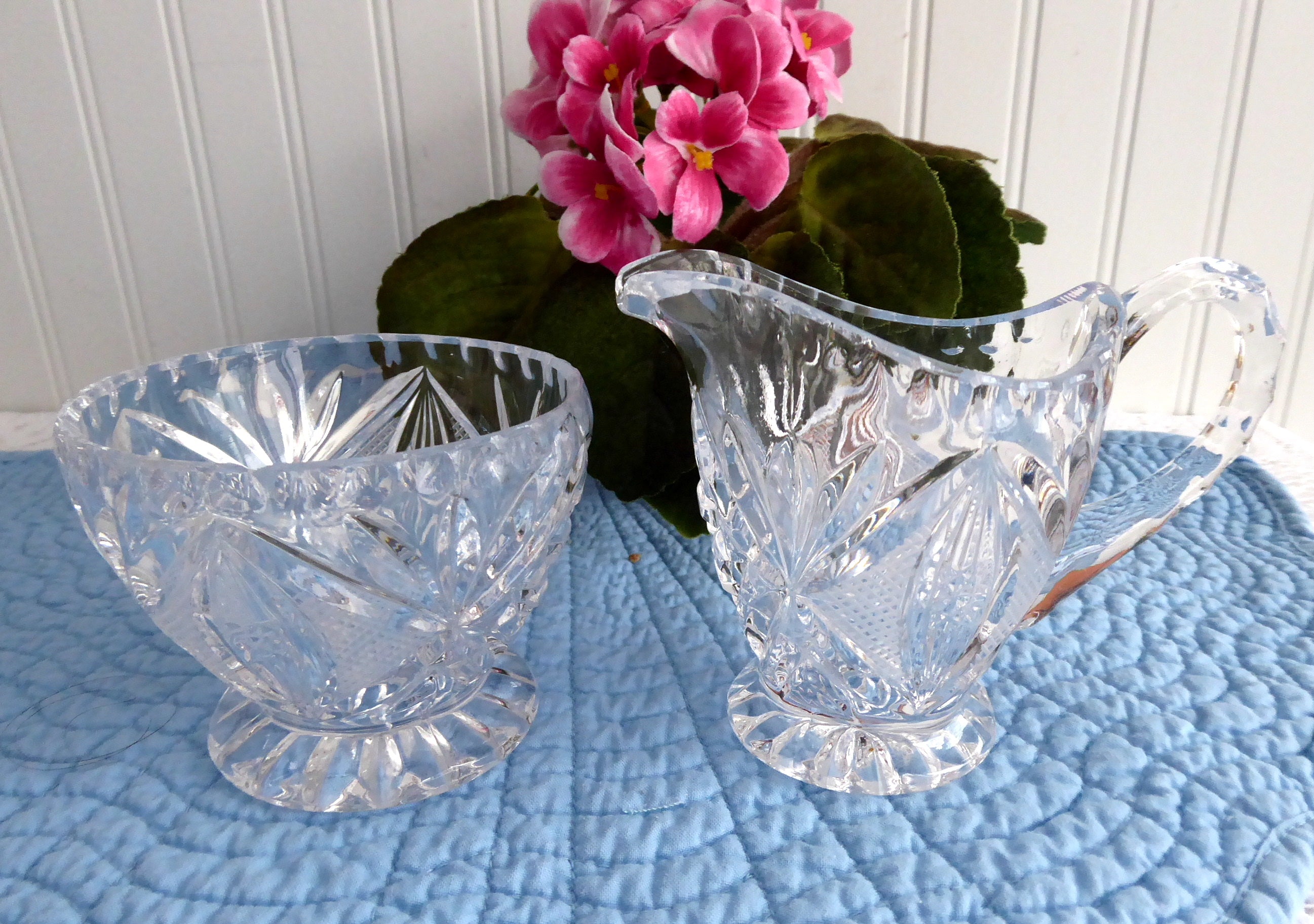 Vintage 1970s Lead Crystal Sugar and Creamer Set - Mitre Cut Fans Silver Point Design for Tea & Coffee Service | Elegant Tableware for Afternoon Tea, Bridal Shower, and Home Decor