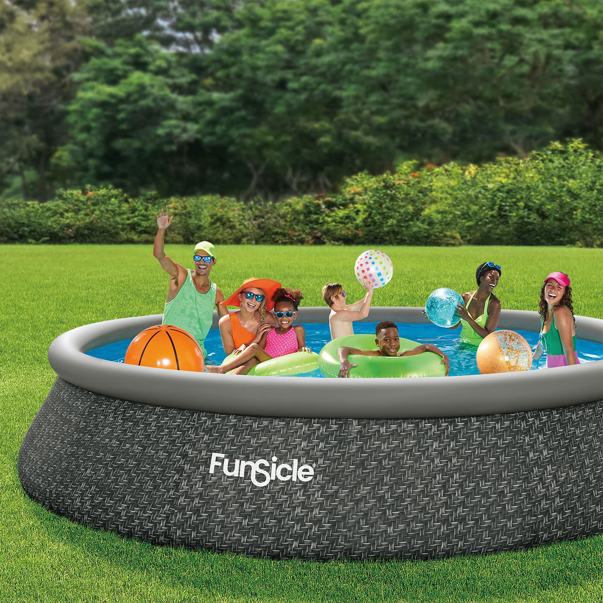 Funsicle 15ft x 36in Quick-Set Inflatable Round Above Ground Swimming Pool Set with Pump & Filter - Dark Herringbone Design for Backyard, Family Fun & Summer Relaxation