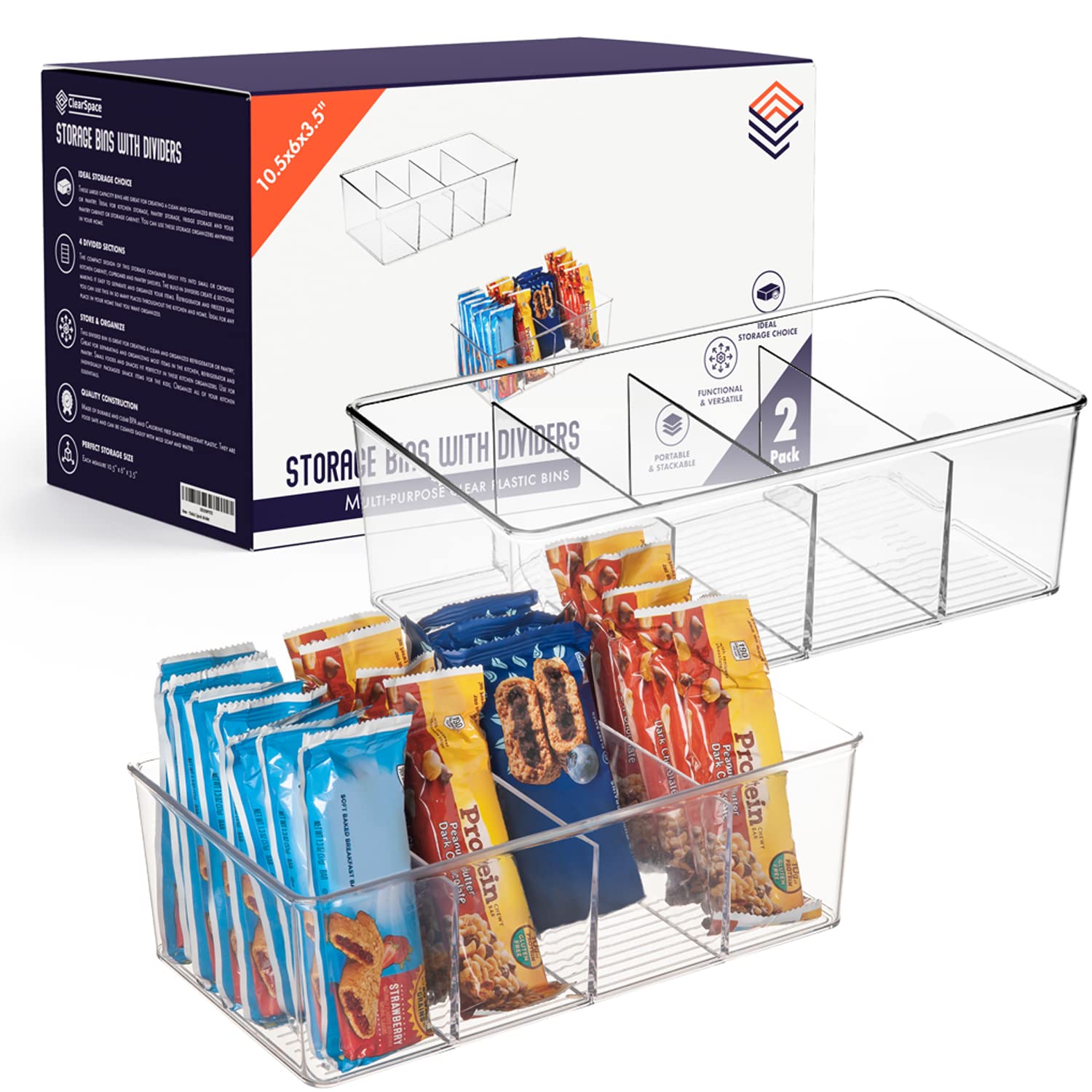 ClearSpace Plastic Pantry Organizers with Dividers – Kitchen Storage Bins, Fridge & Cabinet Organizers – Perfect for Pantry, Refrigerator, and Cabinet Organization