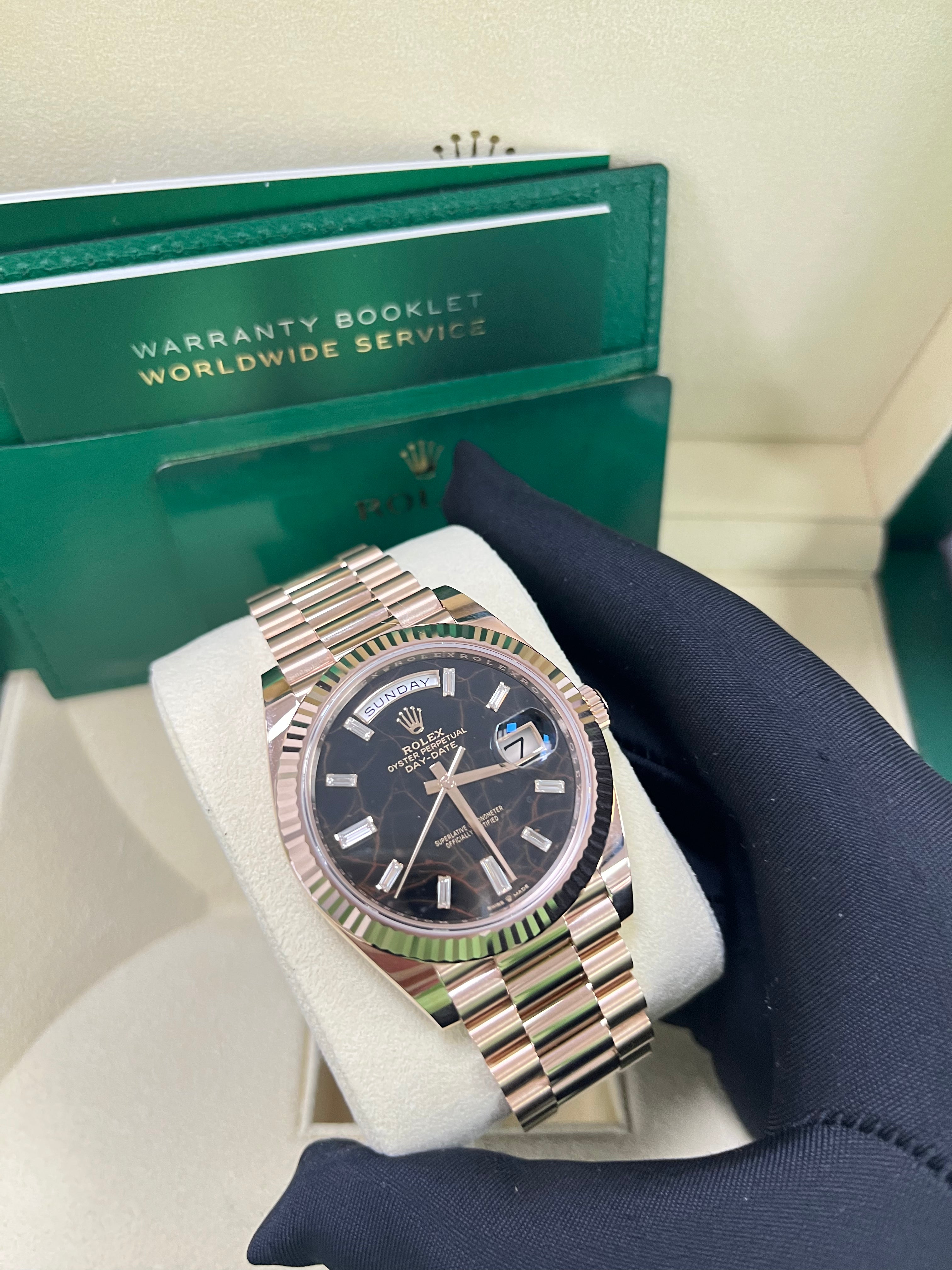 Rolex Day Date 40 Watch - 18K Rose Gold Fluted Bezel, Eisenkiesel Diamond Dial, President Bracelet 228235 - Luxury Dress Watch for Men, Perfect for Business & Formal Occasions