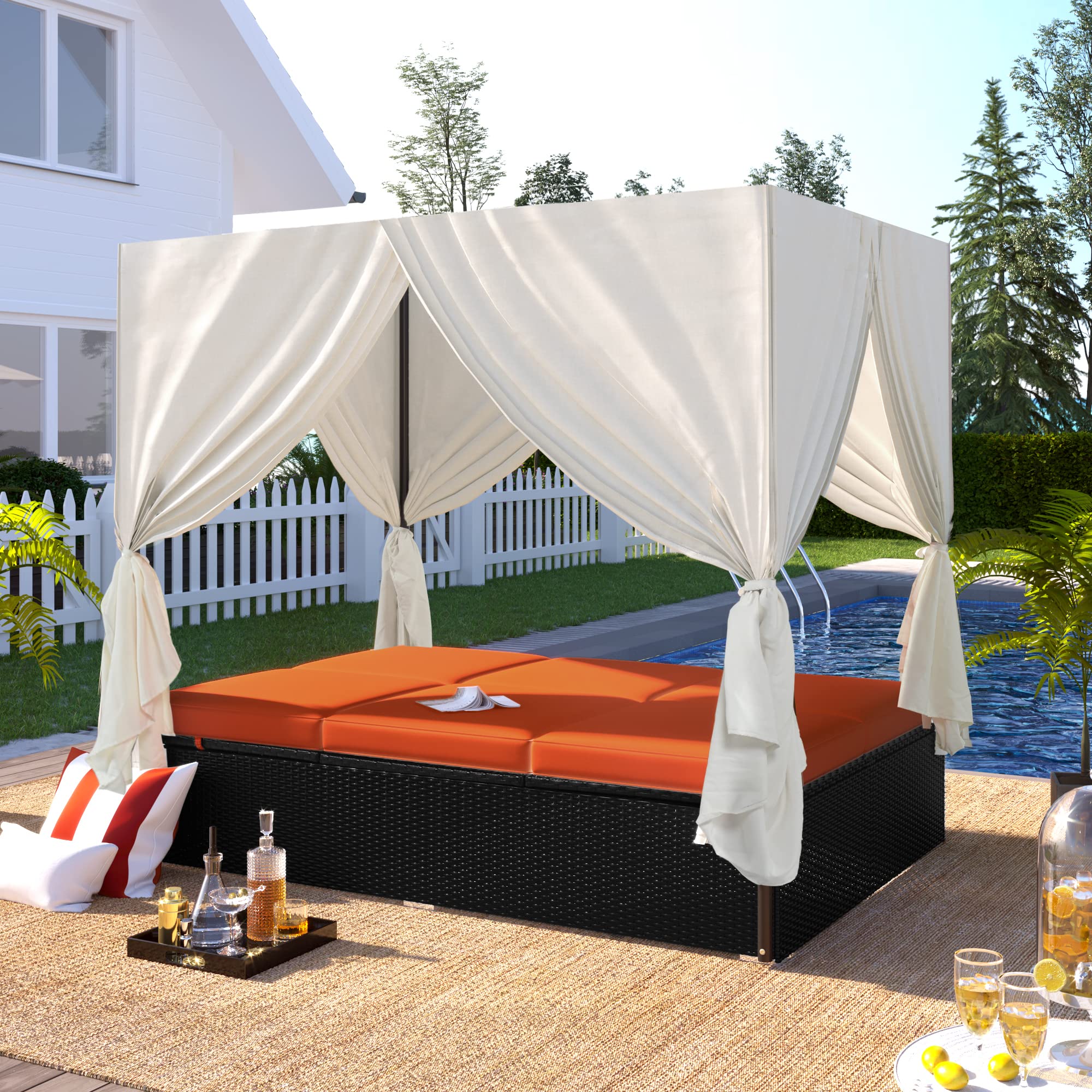 Outdoor Patio Wicker Daybed with Retractable Canopy & Curtains - Sun Lounger Garden Furniture for Poolside, Backyard, Beach (Orange) - Perfect for Relaxing & Sunbathing