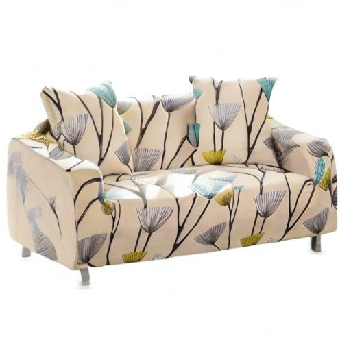 Shukii Printed Stretch Sofa Slipcover Non-Slip Couch Cover with Foam Grip & 1 Pillowcase - Floral Design (R-Flower Series 2, 87-112 inch 4-Seater) - Perfect for Living Room, Family Room & Home Decor Protection