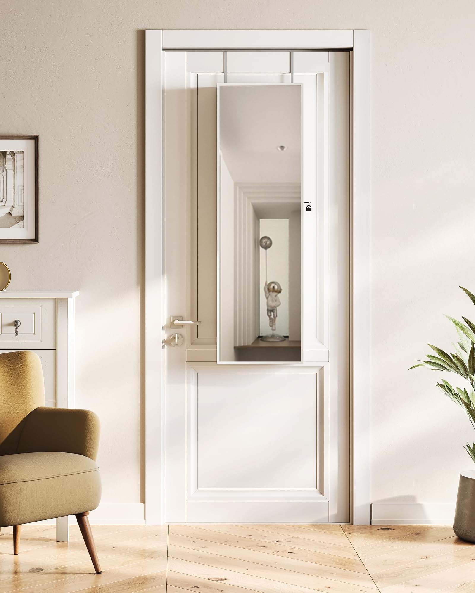 8 LED Lighted Mirror Jewelry Armoire Organizer - 47.2 Inch Wall/Door Mount Lockable Storage Cabinet with 6 Earrings Shelves & 2 Makeup Pockets (White/Beige) - Perfect for Bedroom, Closet & Dressing Room Organization