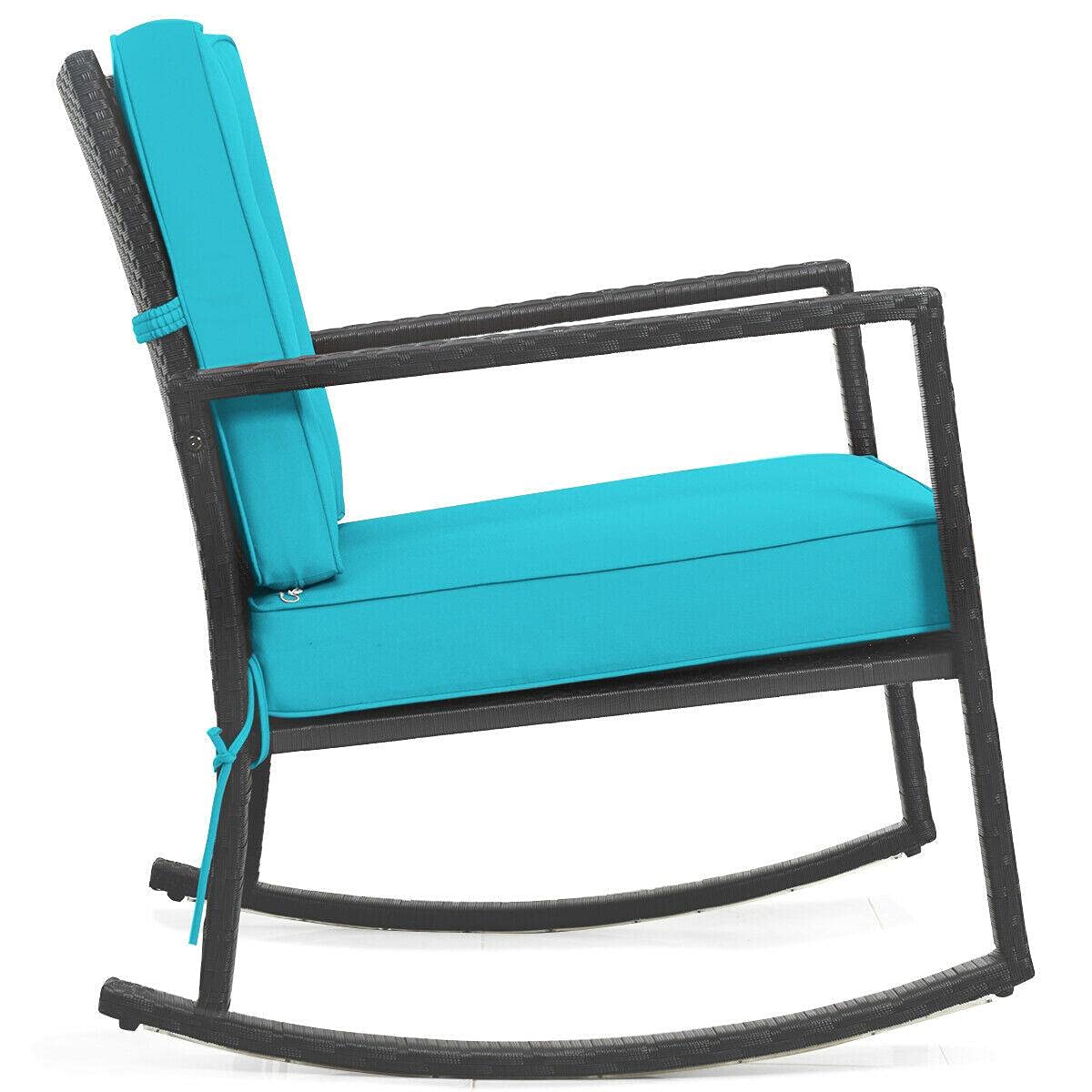 **Outdoor Rattan Rocking Chair with Turquoise Cushion - Patio Glider Wicker Rocker for Garden, Porch, or Camping - Comfortable Mikalo Chair for Relaxing & Lounging**