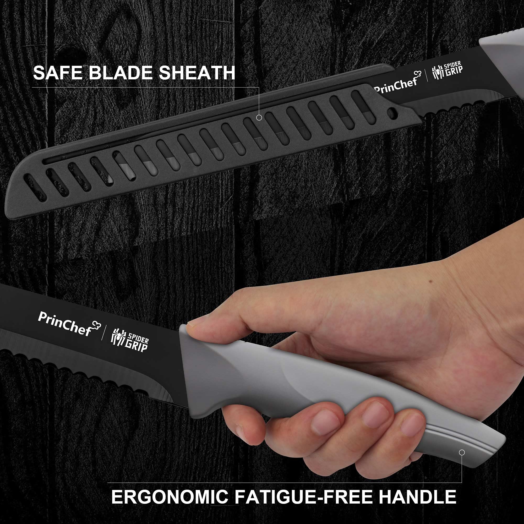 PrinChef 8 Inch Serrated Bread Knife with Sheath - Stainless Steel Anti Rust & Nonstick Blade - Perfect for Hard Crusty Bread, Homemade Loaves, Baguettes & Pastries - Ideal for Bakeries, Home Kitchens & Professional Chefs