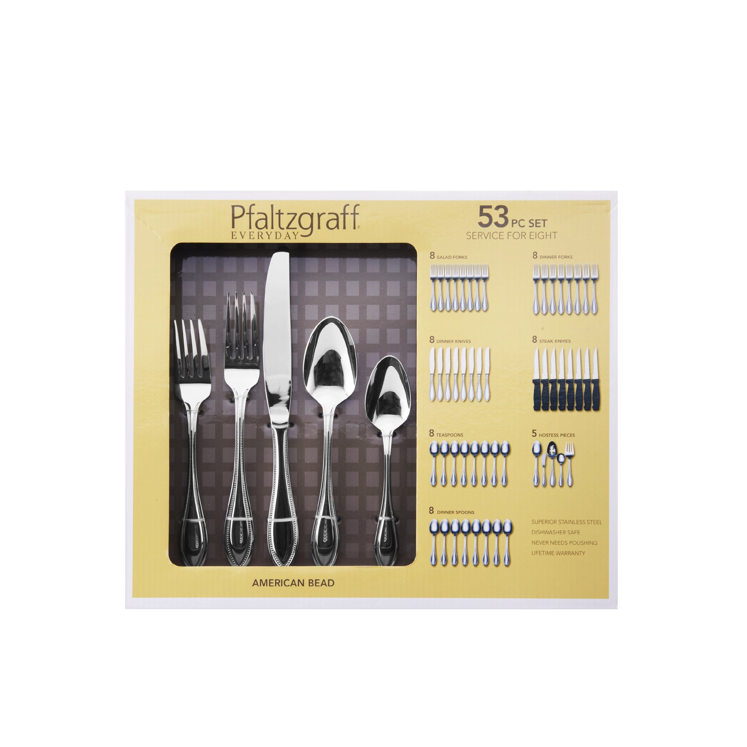 Pfaltzgraff American Bead 53-Piece Stainless Steel Flatware Set with Serving Utensils & Steak Knives - 8-Person Dinnerware Set in Silver for Formal Dining, Holiday Entertaining & Wedding Registry