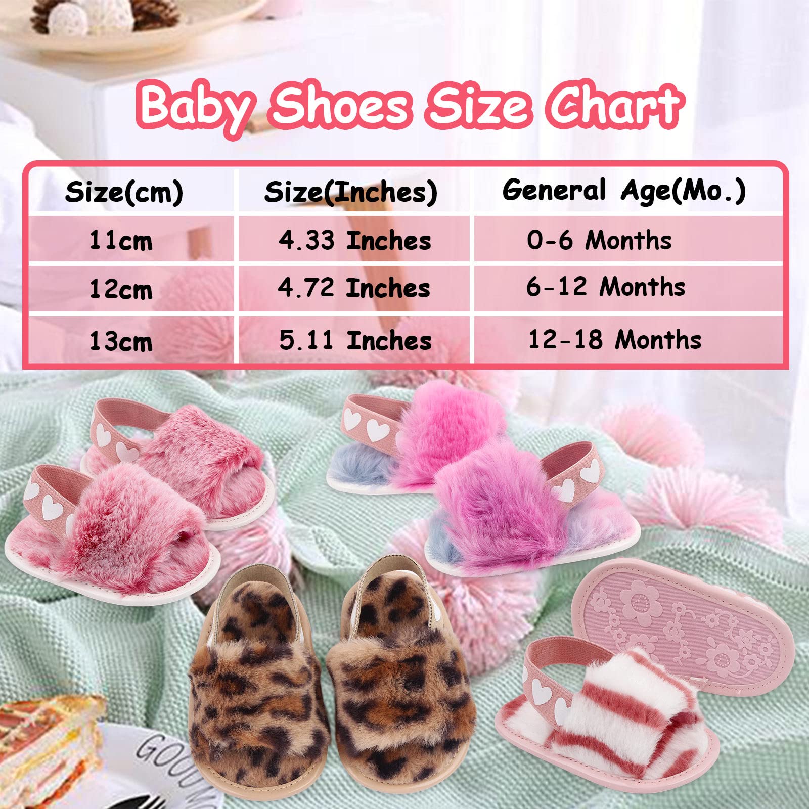 2 Pack Baby Girls Sandals - Soft Elastic Back Strap Flats with Faux Fur - First Walker House Slippers for Toddlers | Indoor/Outdoor Princess Shoes for Playtime, Parties & Everyday Comfort