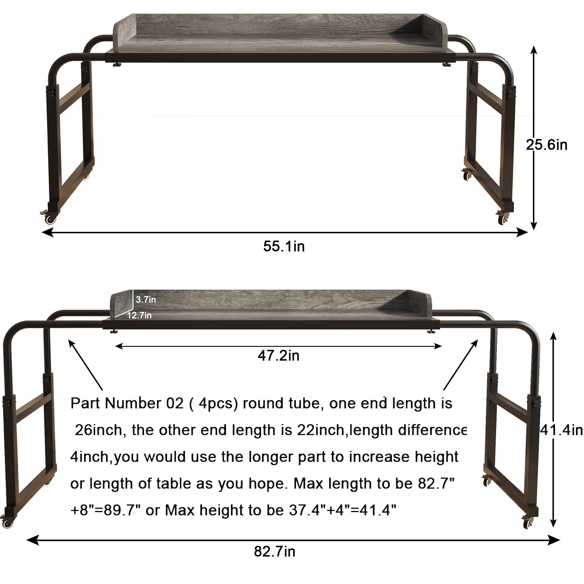 TigerDad Adjustable Overbed Table with Wheels - Rolling Laptop Desk for Hospital, Bedroom & Office - Fits King & Queen Beds - Portable Workstation (Gray, Model QQ-950) - Perfect for Eating, Working, Reading in Bed or Recovery Use