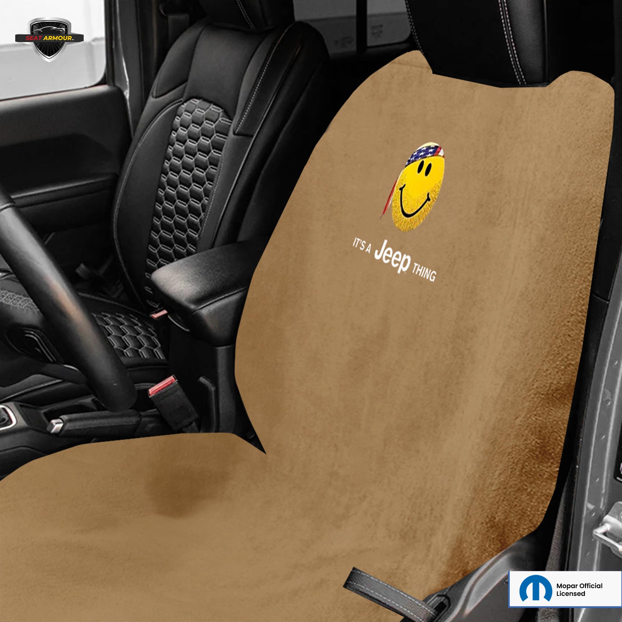 Jeep Smiley Face Seat Protector Towel - Soft Machine Washable Car Seat Cover - Easy to Install Multipurpose Seat Towel for Jeep Wrangler & SUVs - Tan - Perfect for Off-Roading, Camping & Daily Commute