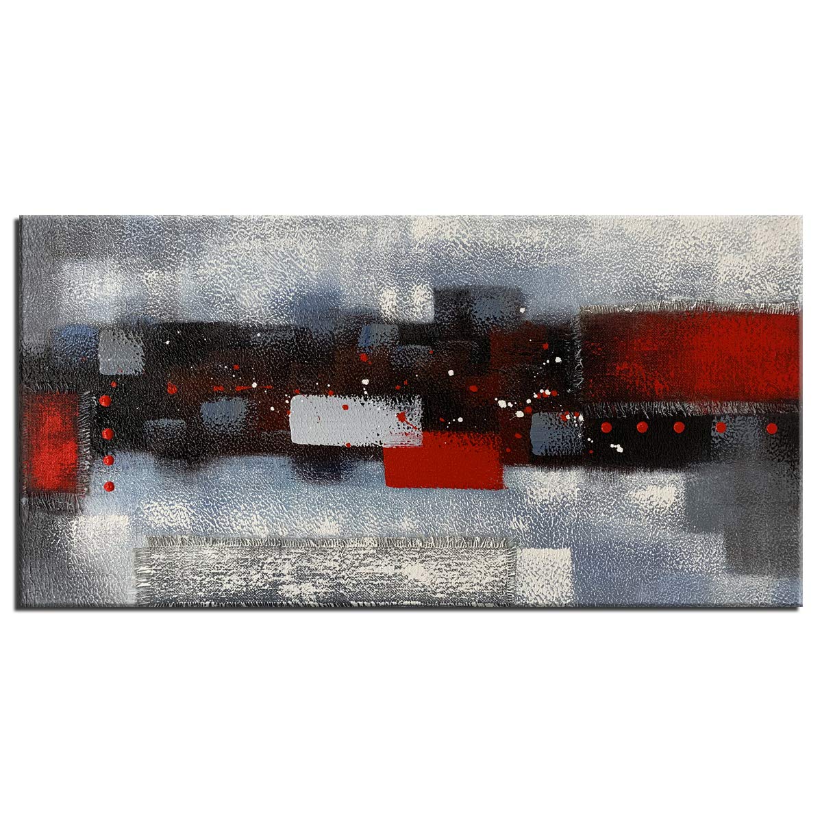 Large Abstract Red Gray Linen Wall Art - Hand Painted Textured Oil Painting on Canvas - Framed Ready to Hang 60x30 Inches - Perfect for Living Room, Bedroom & Office Decor