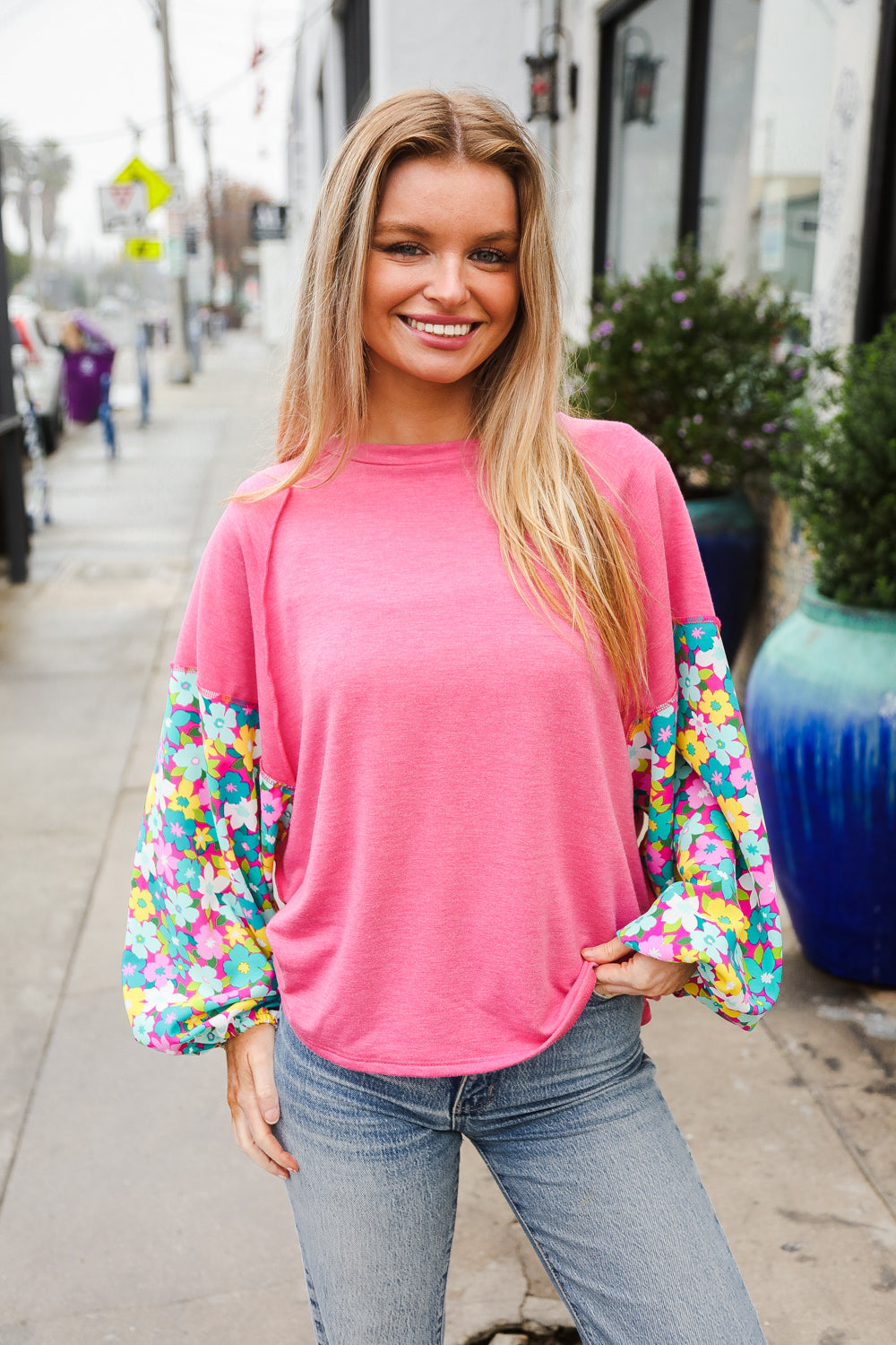 Pink & Floral Bubble Sleeve French Terry Pullover Sweatshirt for Women - Cozy Oversized Loungewear for Casual Outings & Coffee Dates