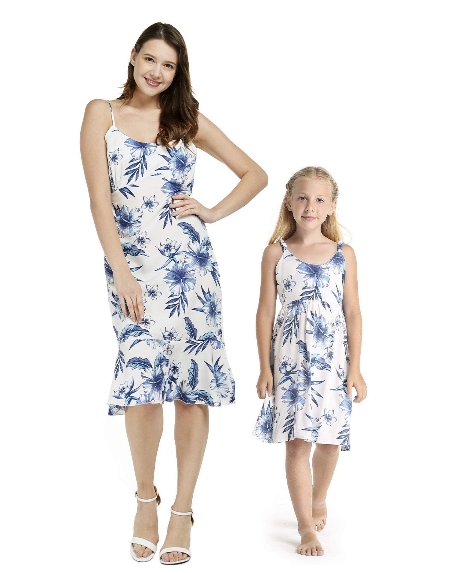 Matching Hawaiian Luau Mother Daughter Mermaid Dresses in Simply Blue Leaf - Tropical Beach Party Outfits for Women & Girls, Family Vacation & Summer Photoshoot