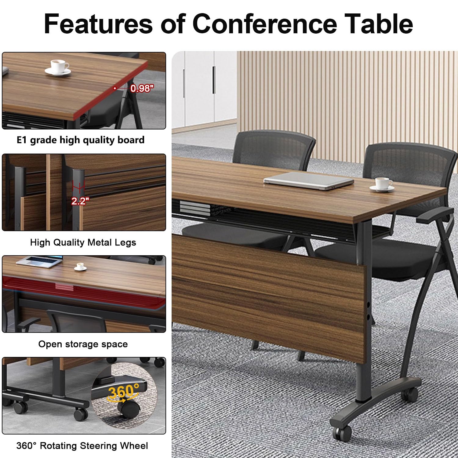 Folding Conference Tables - 55.1x23.6x29.5inch Modern Portable Meeting Table with Silent Locking Wheels | Flip Top Rolling Mobile Design for Office, Seminar & Training Rooms | Business & Event Tables (1 Pack)